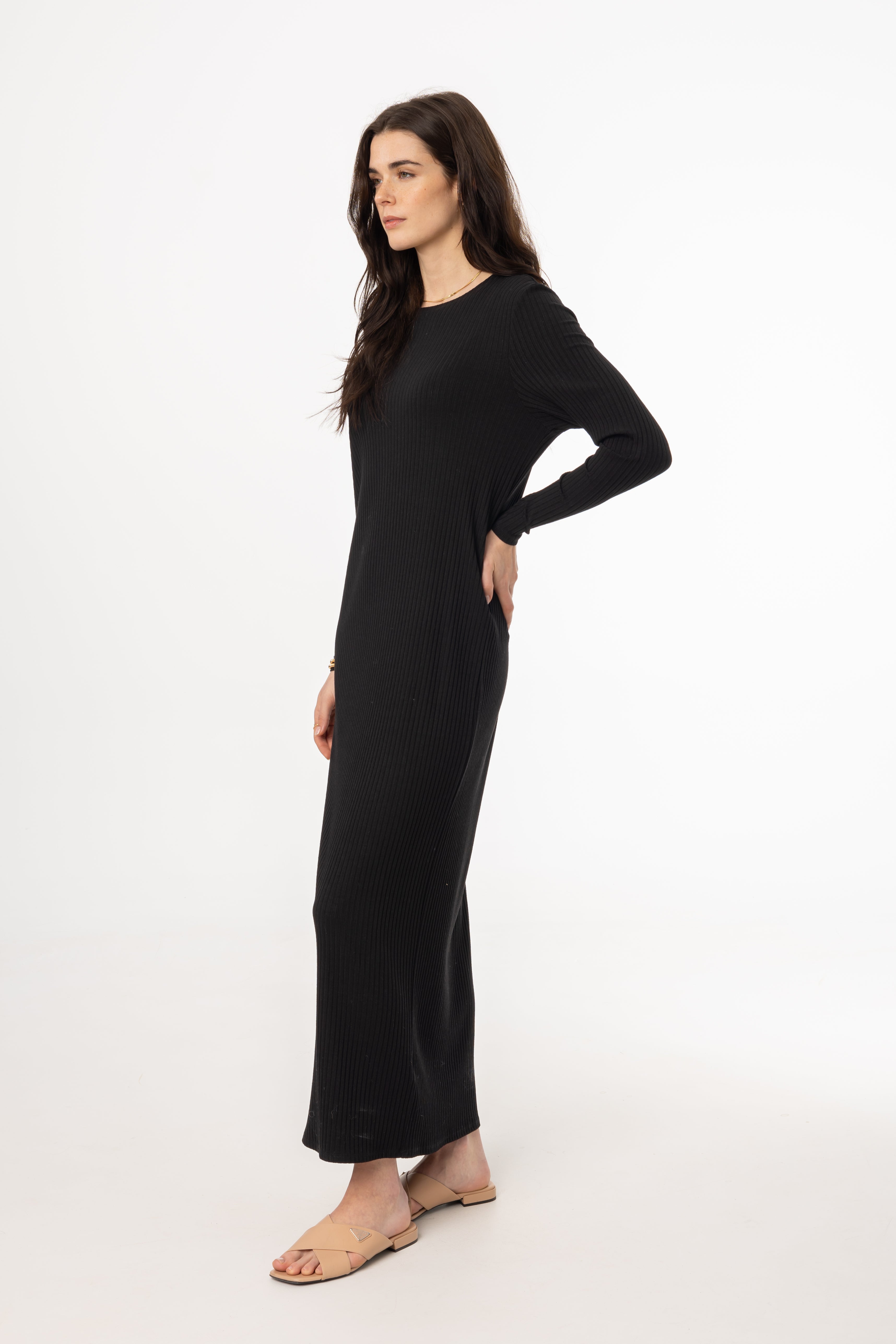 Black Ribbed Maxi Dress for Women - Stretchy Long Sleeve Bodycon Dress - Perfect for Casual Outings, Date Nights & Beach Vacations