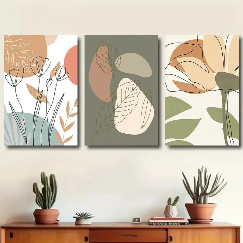 3-Piece Abstract Botanical Line Art Metal Prints - Minimalist Wall Decor with Earthy Tones - Ready to Hang Canvas Art for Living Room, Bedroom & Office Decor