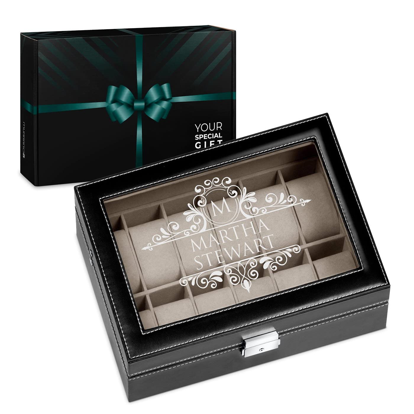 Maverton Watch Organizer Box for 12 Watches - Personalized Jewelry Storage Case with Monogram - Elegant Watch Display Box for Women - Perfect Birthday Gift & Customized Present for Her - Great for Watch Collectors, Travel Storage, and Luxury Gift Giving