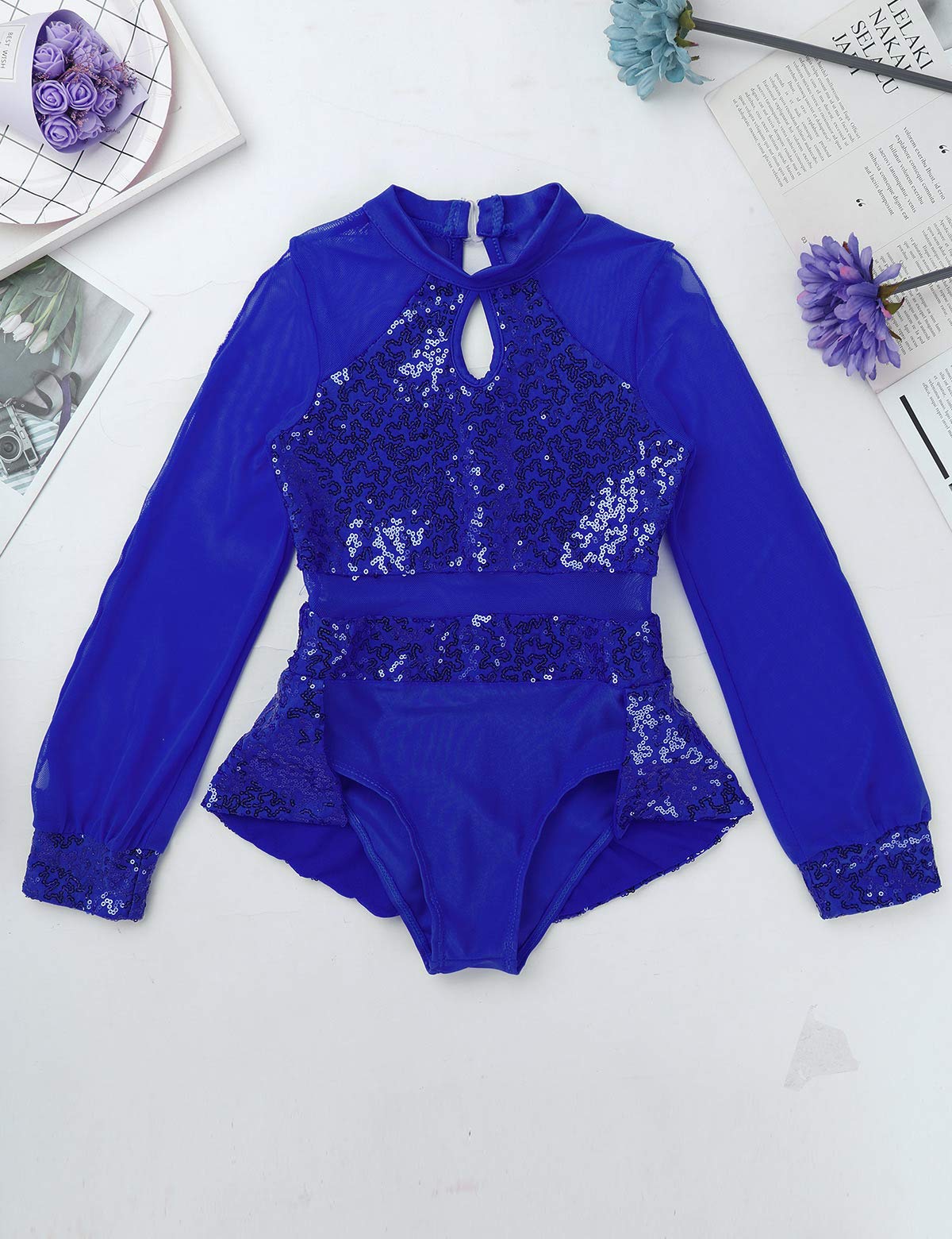 Kids Girls Mock Neck Sequins Keyhole Tulle Split Long Sleeves Ballet Leotard Dance Jumpsuit - Gymnastics Performance, Recital Costume, Stage Show Outfit