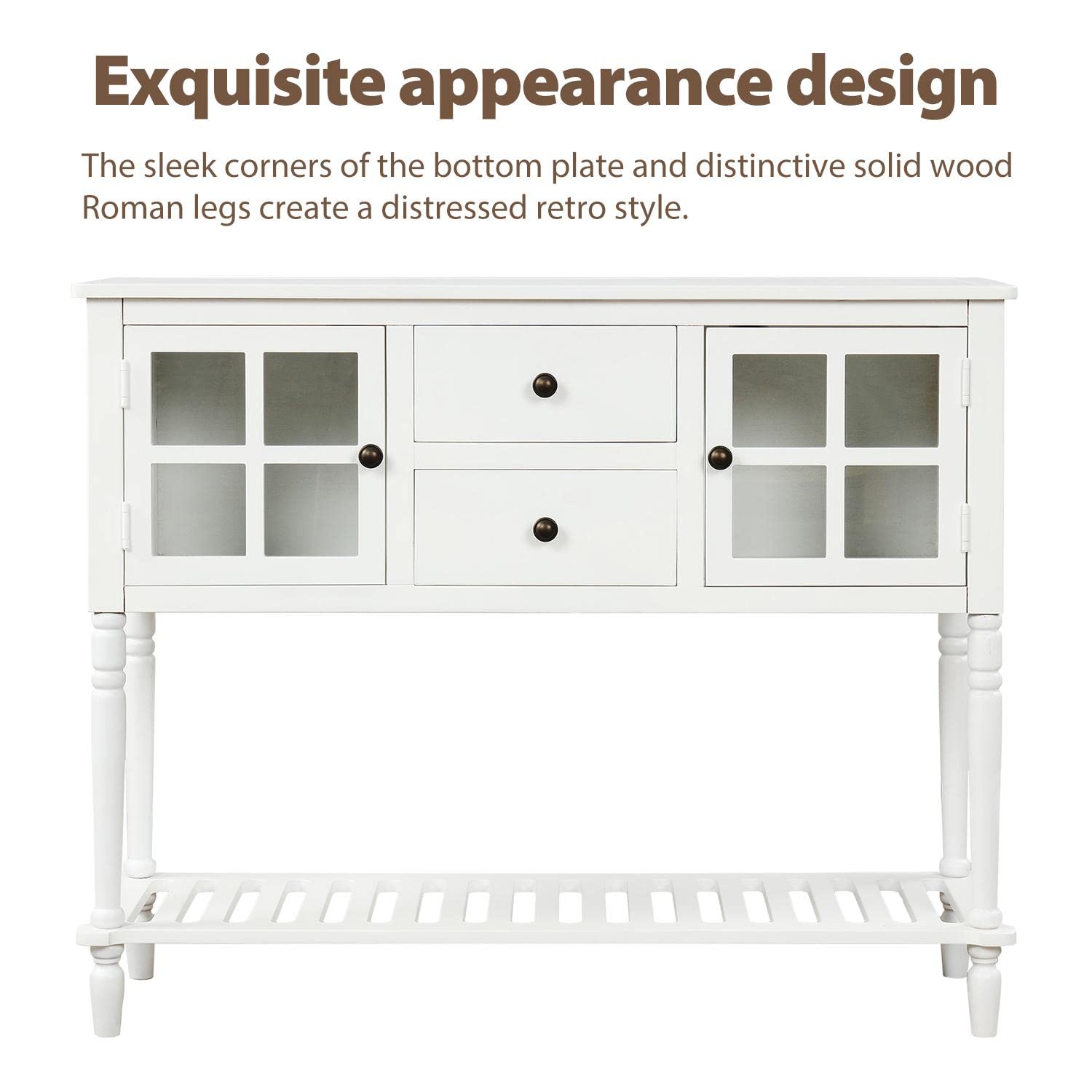 JINS&VICO Modern Sideboard Console Table with 2 Drawers & Bottom Shelf - Wood & Glass Storage Cabinet for Living Room, Entryway, or Dining Room - White