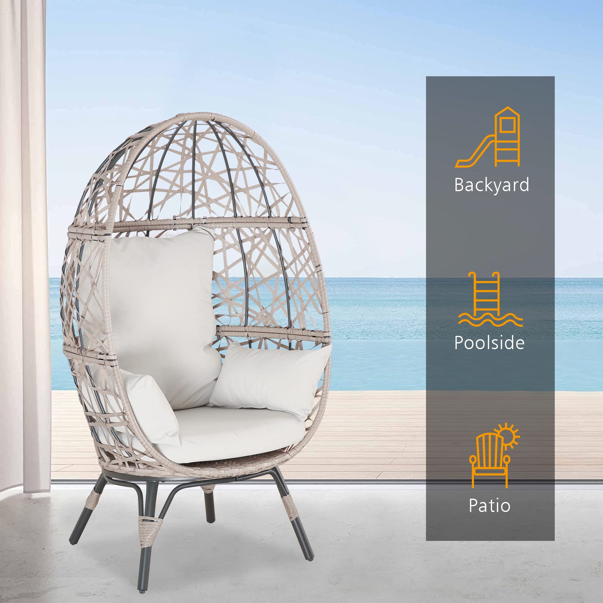 Outdoor/Indoor Wicker Egg Hanging Chair with 4 Cushions & Steel Frame - Beige Patio Swing Chair for Garden, Balcony, Porch Relaxation