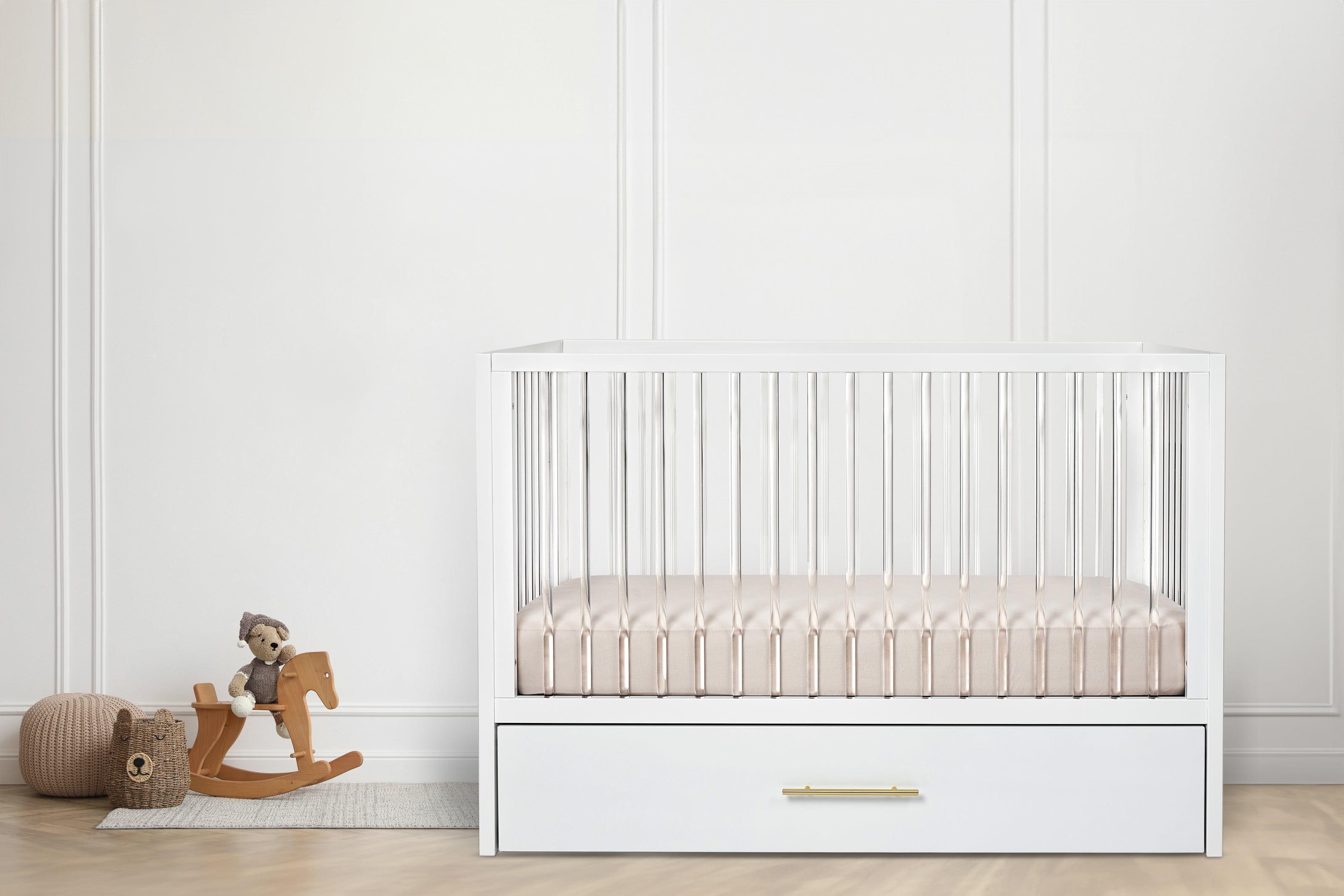 Hush Crib with Trundle - Gold Handle Baby Bed for Nursery - Perfect for Newborns, Toddlers & Small Spaces