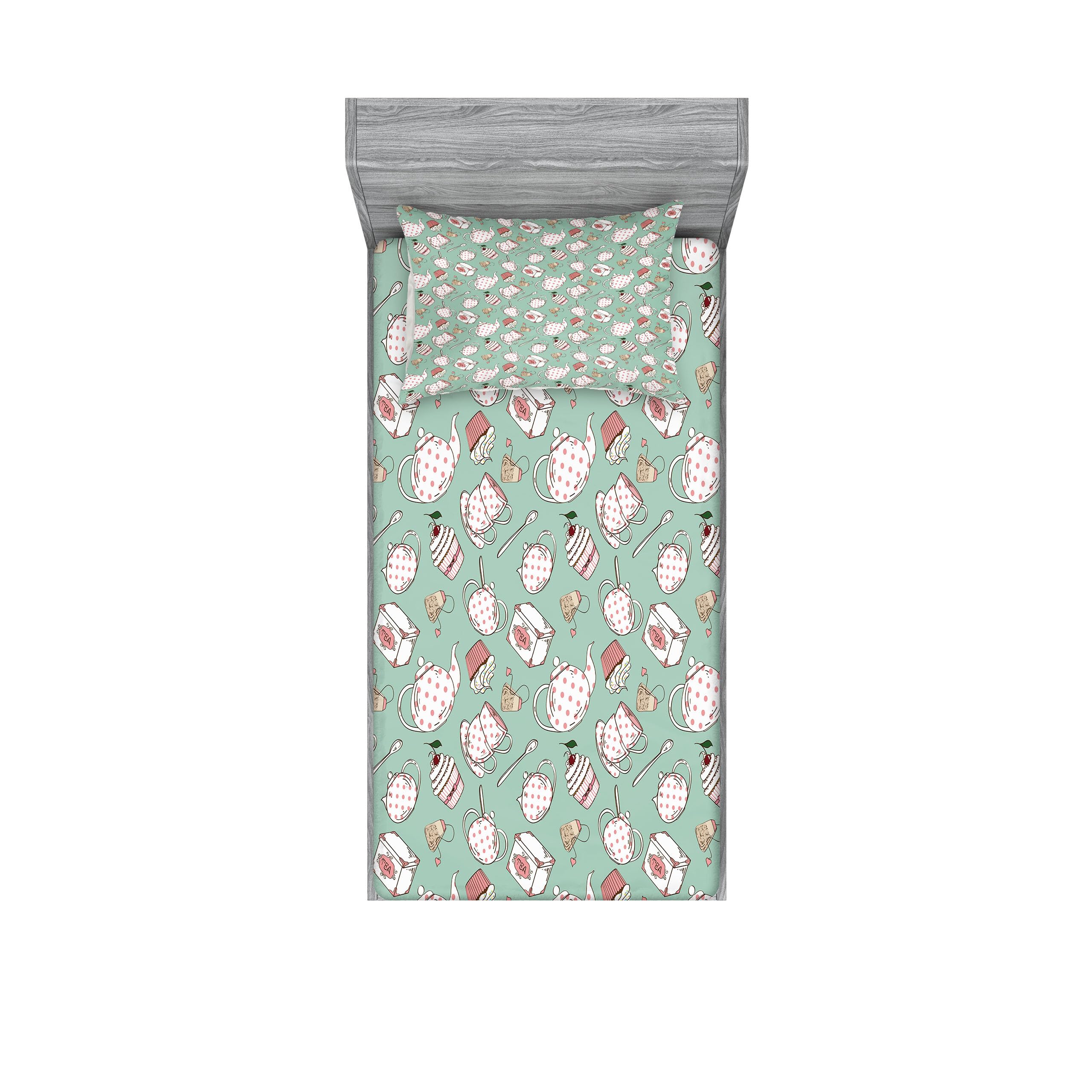 Ambesonne Tea Party 2-Piece Twin Bedding Set - Polka Dot Teapots, Cups & Cupcake with Cherry Design - Decorative Printed Fitted Sheet & Pillow Sham - Almond Green Coral - Perfect for Kids' Rooms, Themed Bedrooms & Tea Lover Gifts