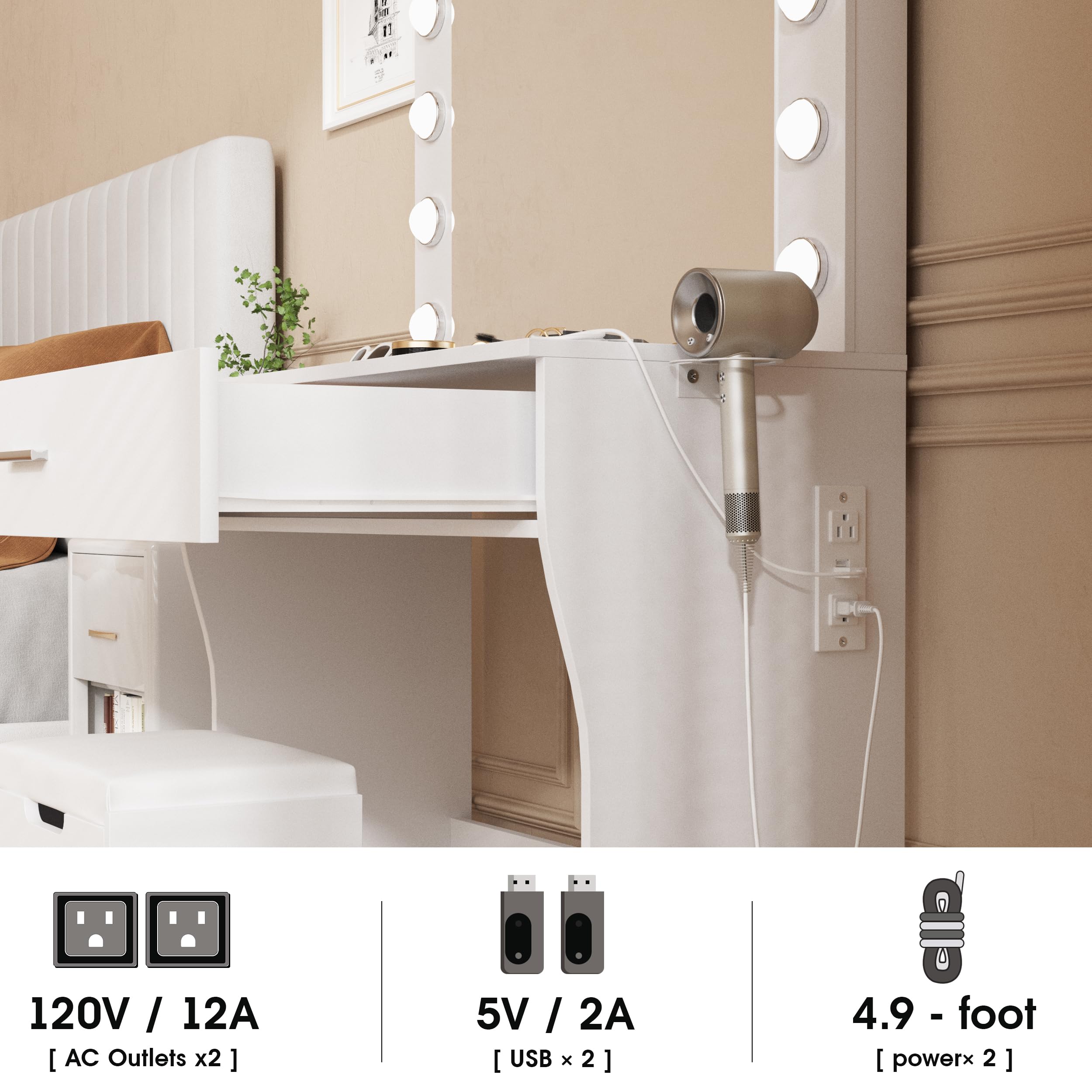 Vanity Desk with Lights - Makeup Vanity Desk with LED Mirror & USB Charging Station, 3 Adjustable Lighting Modes & Brightness, Vanity Set with Cushioned Stool - Perfect for Bedroom, Dressing Room & Beauty Salon