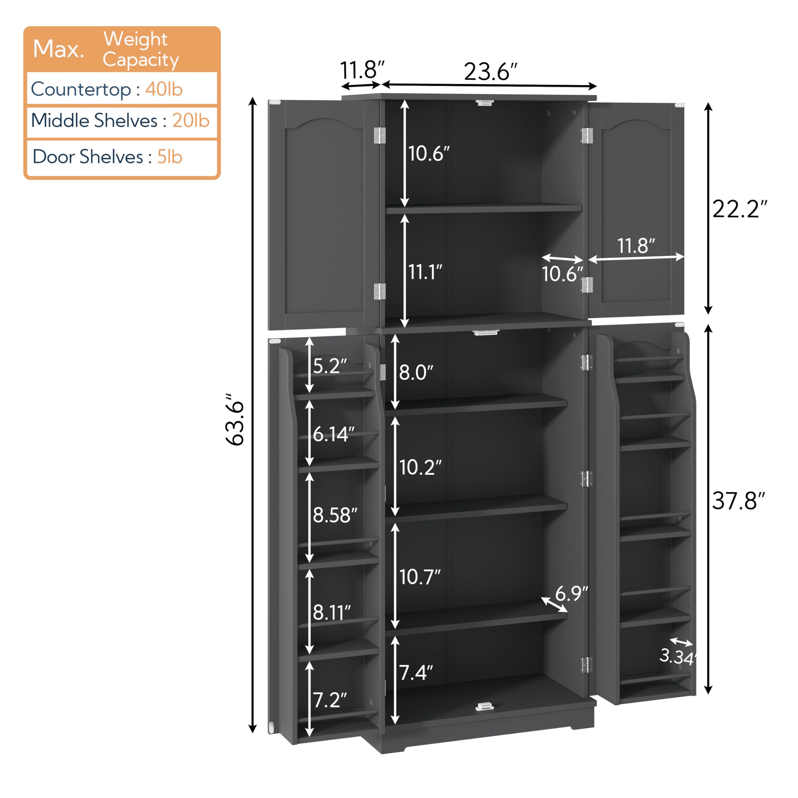 Yusong 64-Inch Tall Kitchen Pantry Cabinet with Doors & Adjustable Shelves - Free Standing Storage Organizer for Food, Dishes & Kitchen Supplies - Perfect for Kitchen, Dining Room & Living Room - Space-Saving Grey Cabinet