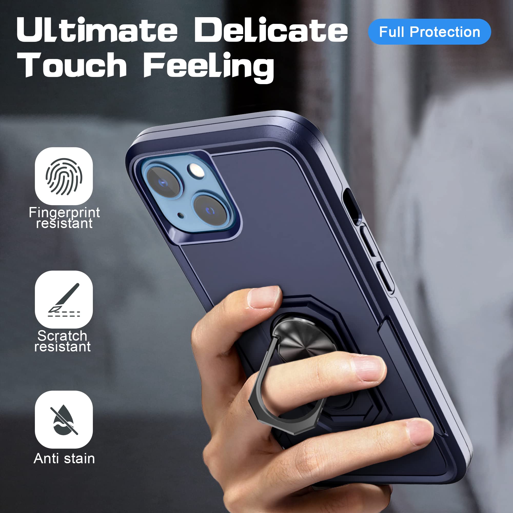 Premium Shockproof iPhone 13 Case with Tempered Glass Screen Protector & Magnetic Kickstand | Slim Hybrid Protective Cover with Car Mount Ring | Blue | Perfect for Daily Use, Travel & Hands-Free Viewing