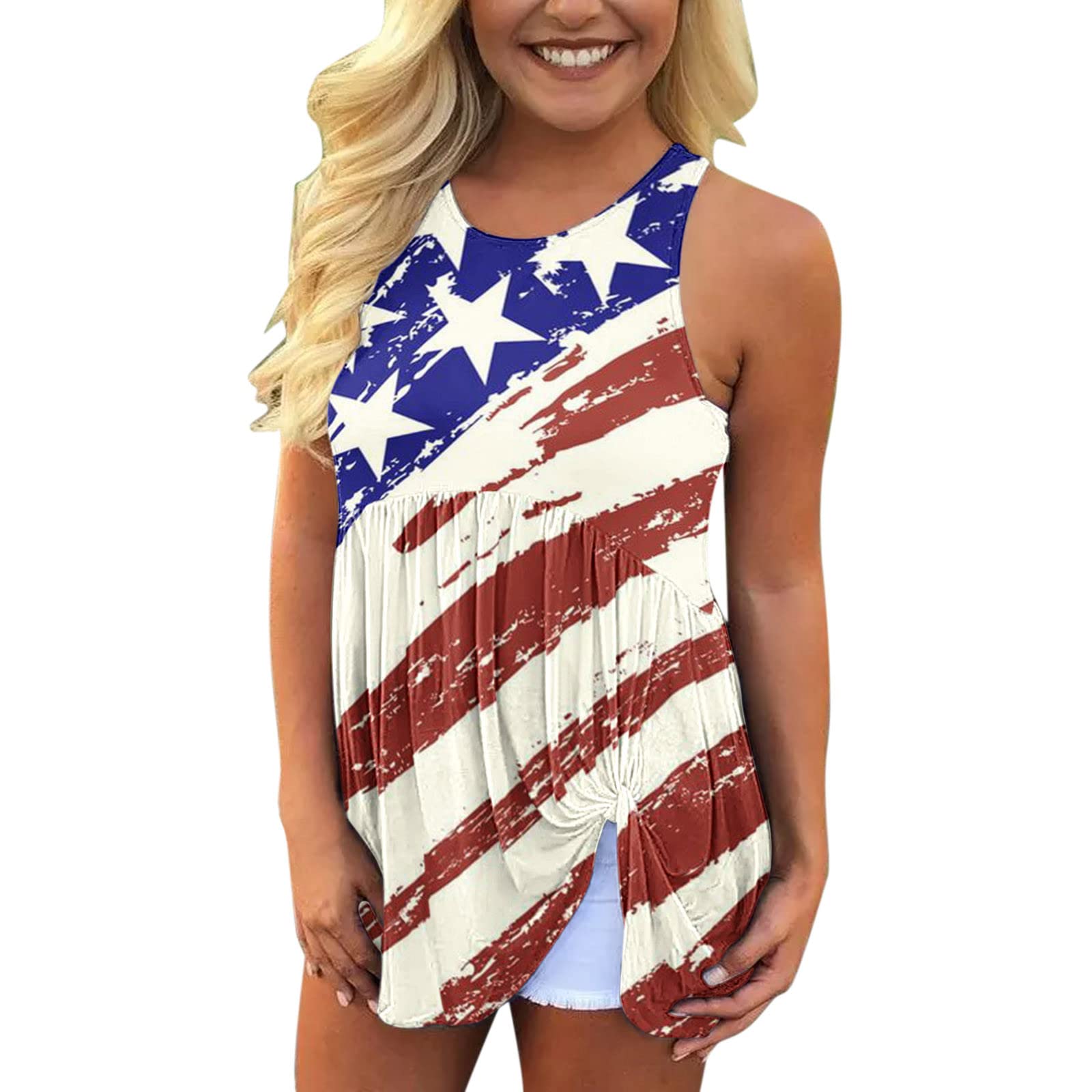 Women's Summer Sleeveless Tank Tops - Casual Round Neck Printed Loose Blouse with Ruffled Twist Design | Perfect for Beach Outfits, Vacation Wear & Everyday Casual Style