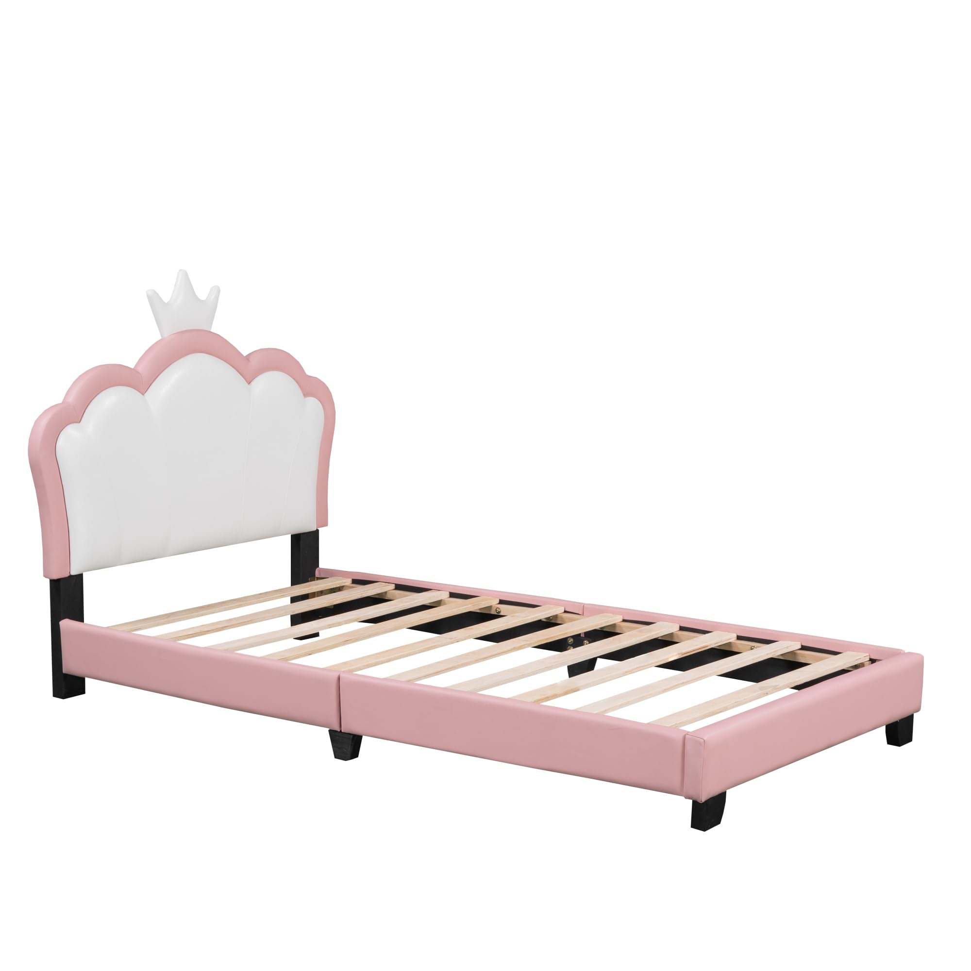 Twin Size Upholstered Princess Bed with Crown Headboard - Pink Bed Frame for Girls | Perfect for Kids' Bedroom, Princess-Themed Decor & Sleepovers