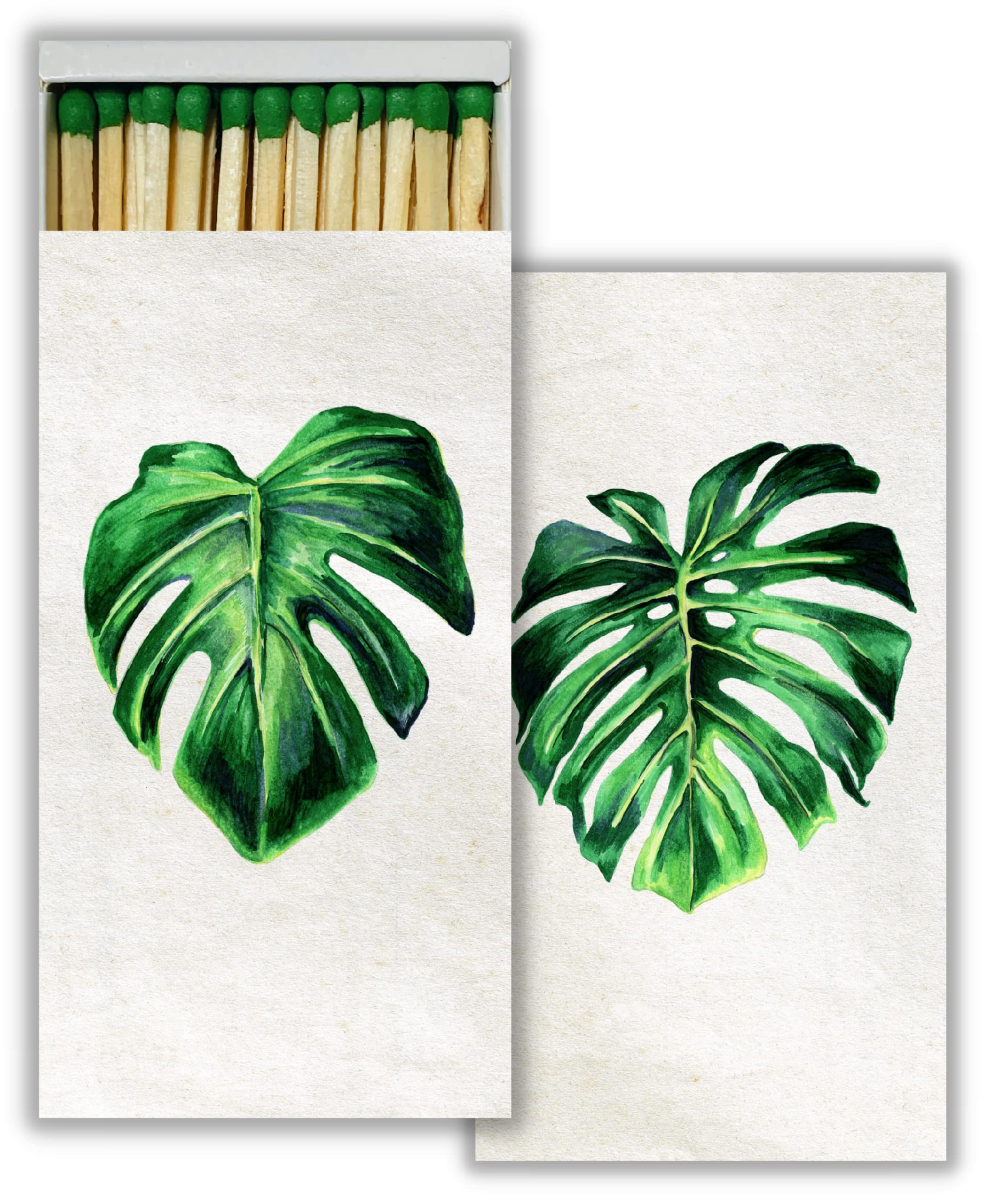Monstera Leaf Decorative Matchboxes with Wooden Matches - Set of 6 | Perfect for Lighting Candles, Fireplaces, Grills, Camping & Home Decor | Vintage Style Gift for Plant Lovers