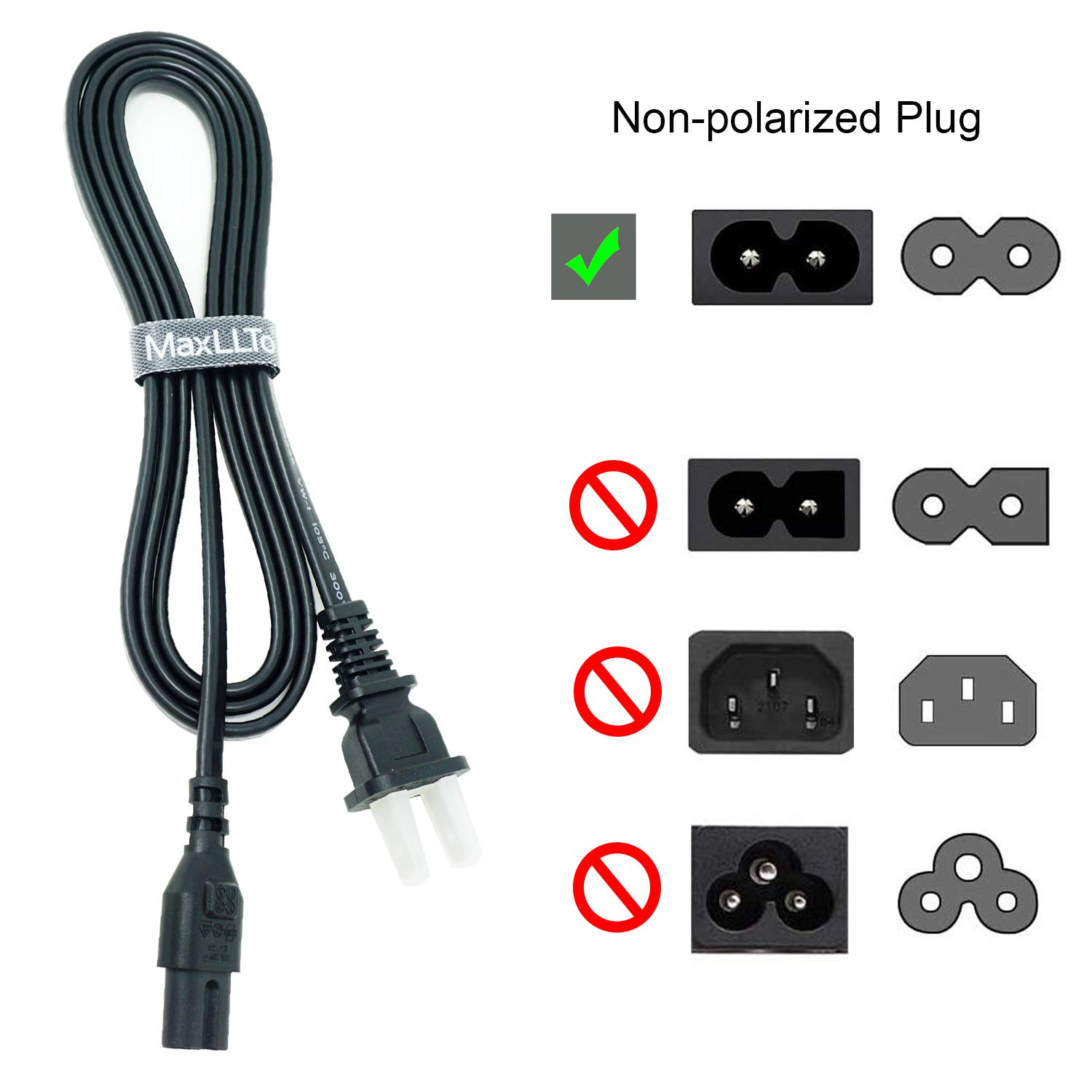 MaxLLTo 2 Prong AC Power Cord Replacement for Sony Bravia TV Models KDL-32R300B KDL-32R330B KDL-40R350B KDL-40R380B - 6 Feet Black Cable - Perfect for Home Theater Setup & TV Replacement