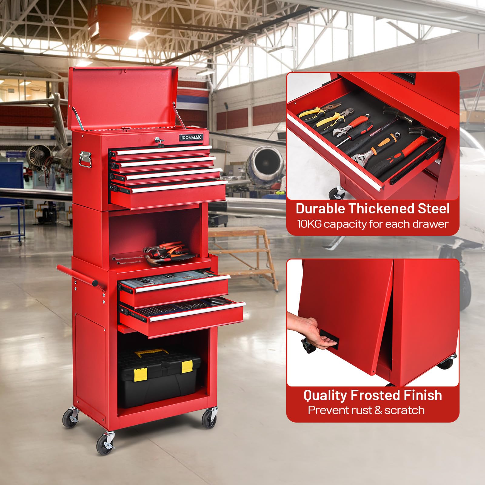 6 Drawer Rolling Tool Chest with Wheels & Lock - 3-in-1 Tool Cabinet with Sliding Drawers & Removable Top Box - Heavy Duty Garage Workshop Tool Storage for Mechanics, DIY & Home Improvement Projects