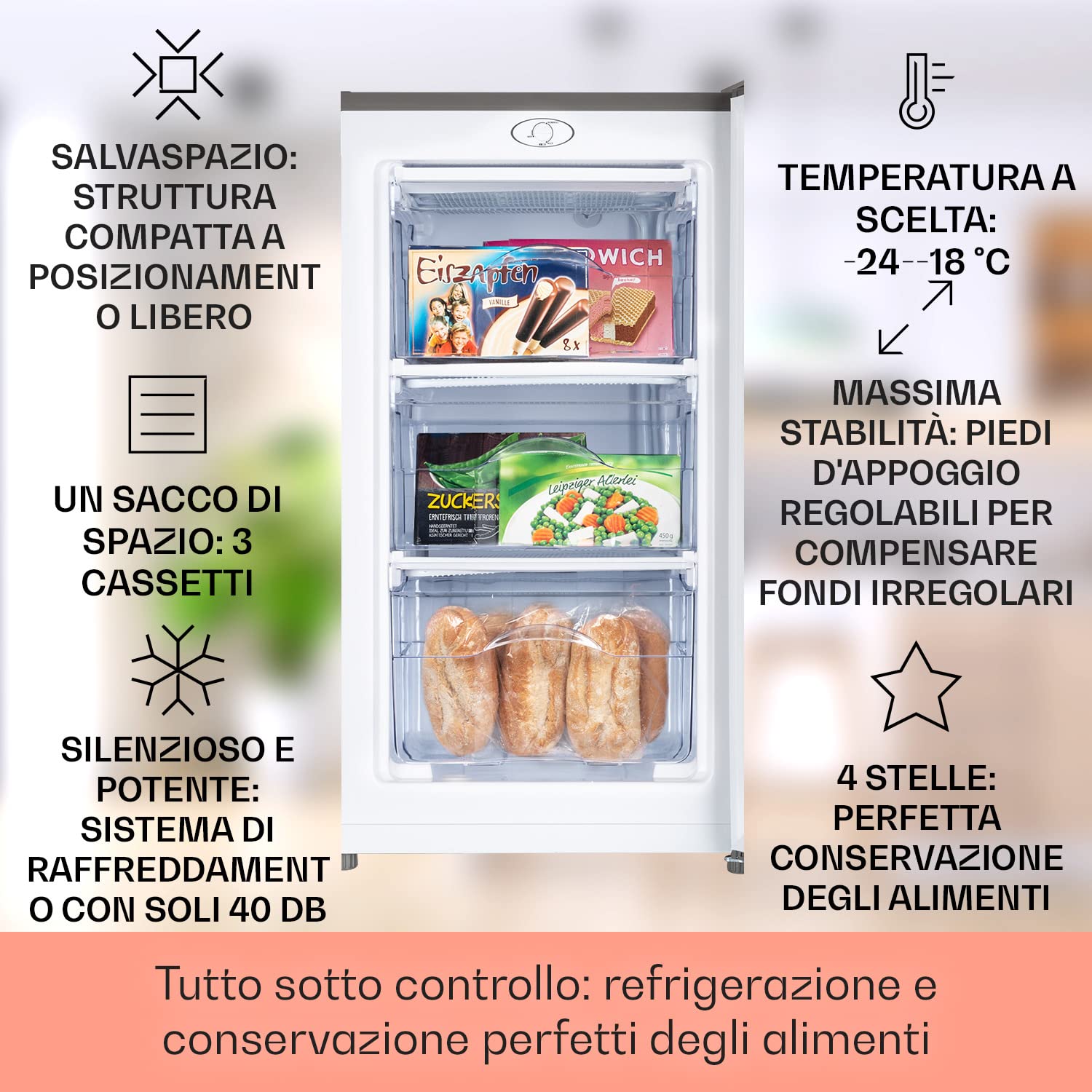 Klarstein 64L Energy Efficient Mini Freezer with Ice Tray - Compact Drawer Freezer for Bedroom, Office, Dorm & Small Spaces - Perfect for Storing Food, Drinks & Ice Cream