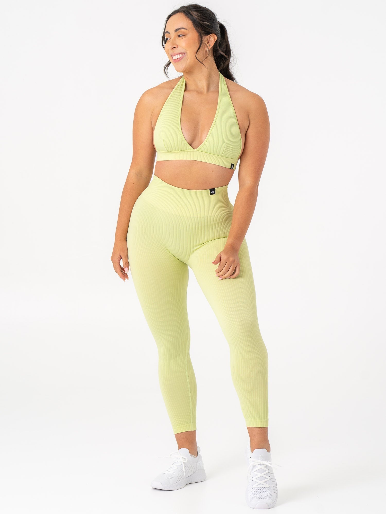 High-Waisted Ribbed Seamless Halter Sports Bra for Women - Breathable Workout Top in Lime Green - Perfect for Yoga, Running & Gym