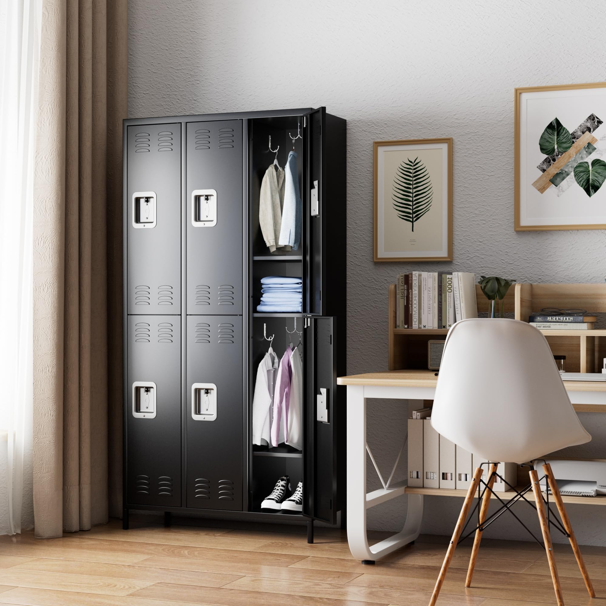 Aobabo 6-Door Steel Storage Locker Cabinet - Heavy Duty Metal Locker for Office, Gym, Bedroom & Dorm - Industrial Organization with 12 Hooks (Black, Assembly Required) - Perfect for Employee Storage, School Lockers & Sports Equipment Organization