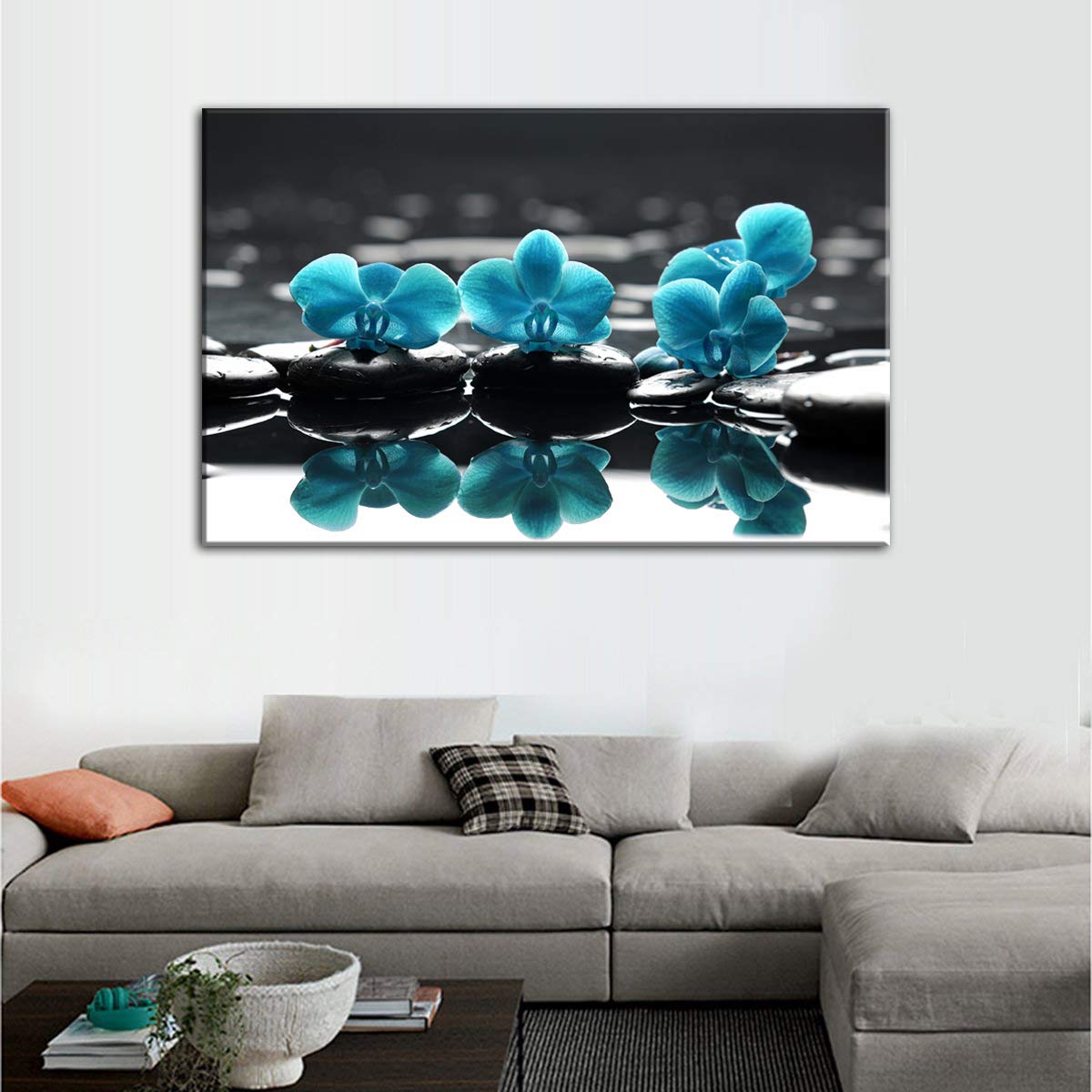 AMEMNY Blue Orchid Flowers Canvas Wall Art - Turquoise Modern Wall Decor for Living Room & Bathroom - Handmade Floral Painting for Home & Office Decor