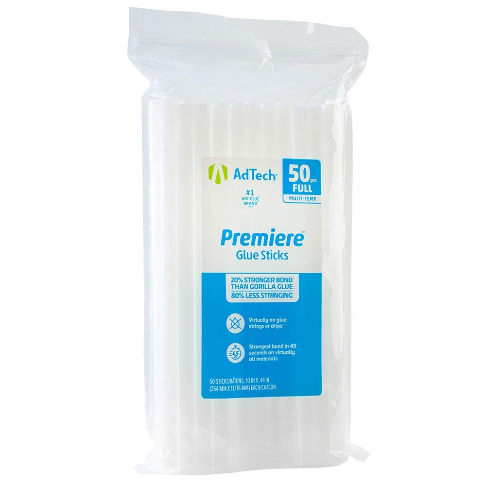 AdTech Stringless Premiere 50ct Hot Glue Sticks - 10 Inch Full Size White Glue Sticks for DIY Crafts, Woodworking & Home Repairs (50-Pack)