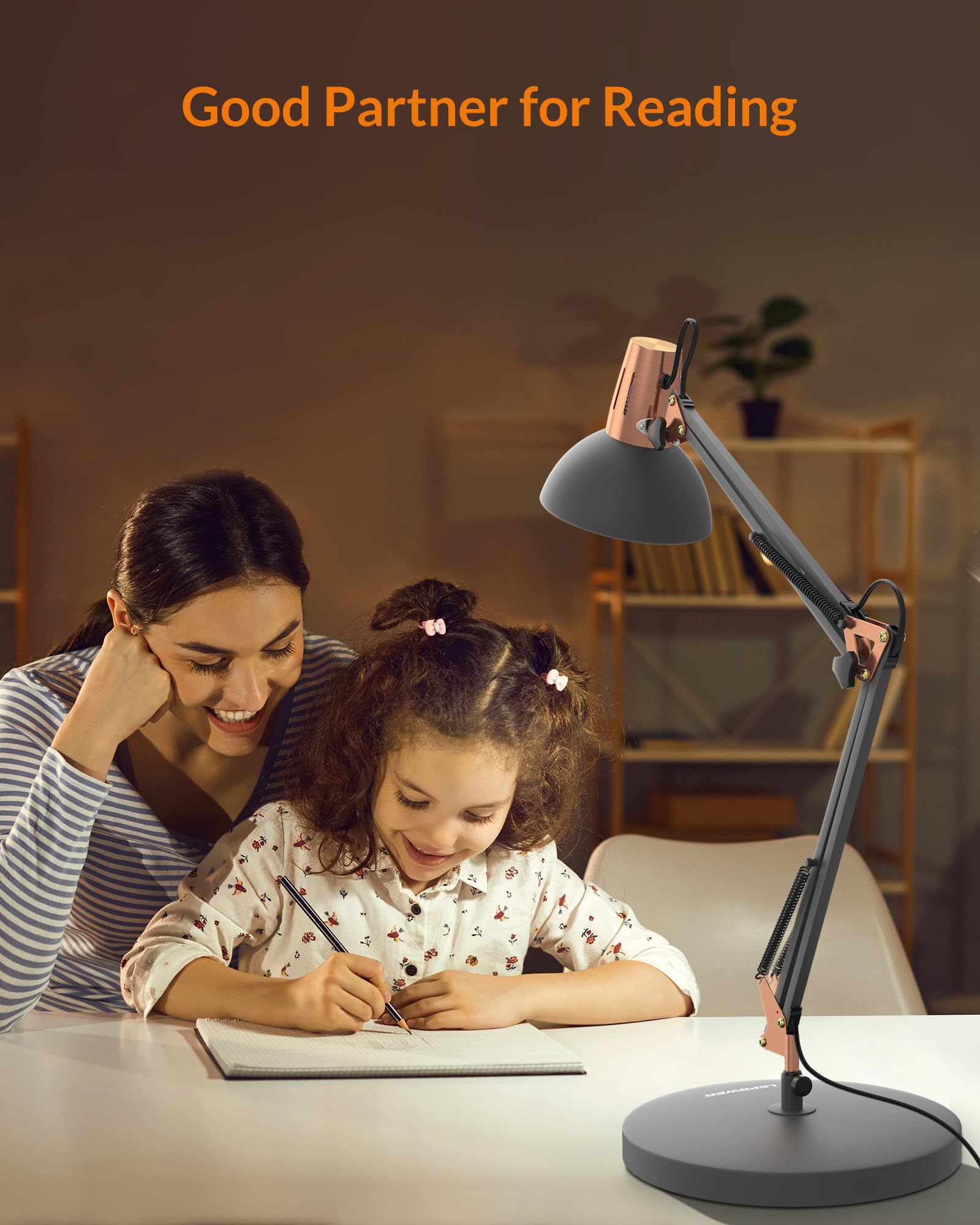 LEPOWER Adjustable Metal Desk Lamp with Clamp - Architect Swing Arm Table Lamp with On/Off Switch, Eye-Caring Reading Light for Bedroom, Study & Office (Sandy Black) | Perfect for Night Reading, Home Office & Dorm Room
