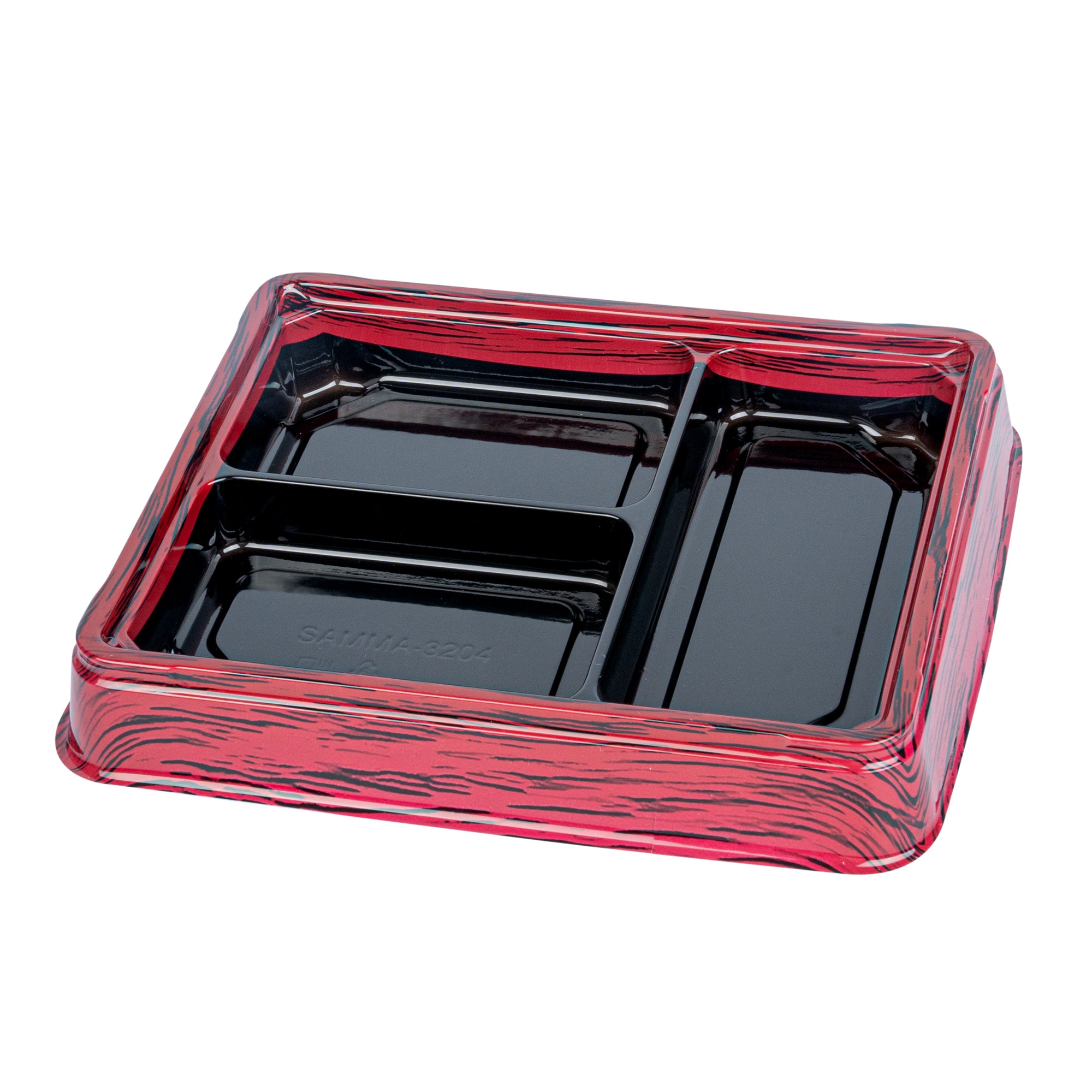 Bento Tek 16 oz Rectangle Red and Black Plastic Bento Box - 3 Compartments Lunch Container (8.75