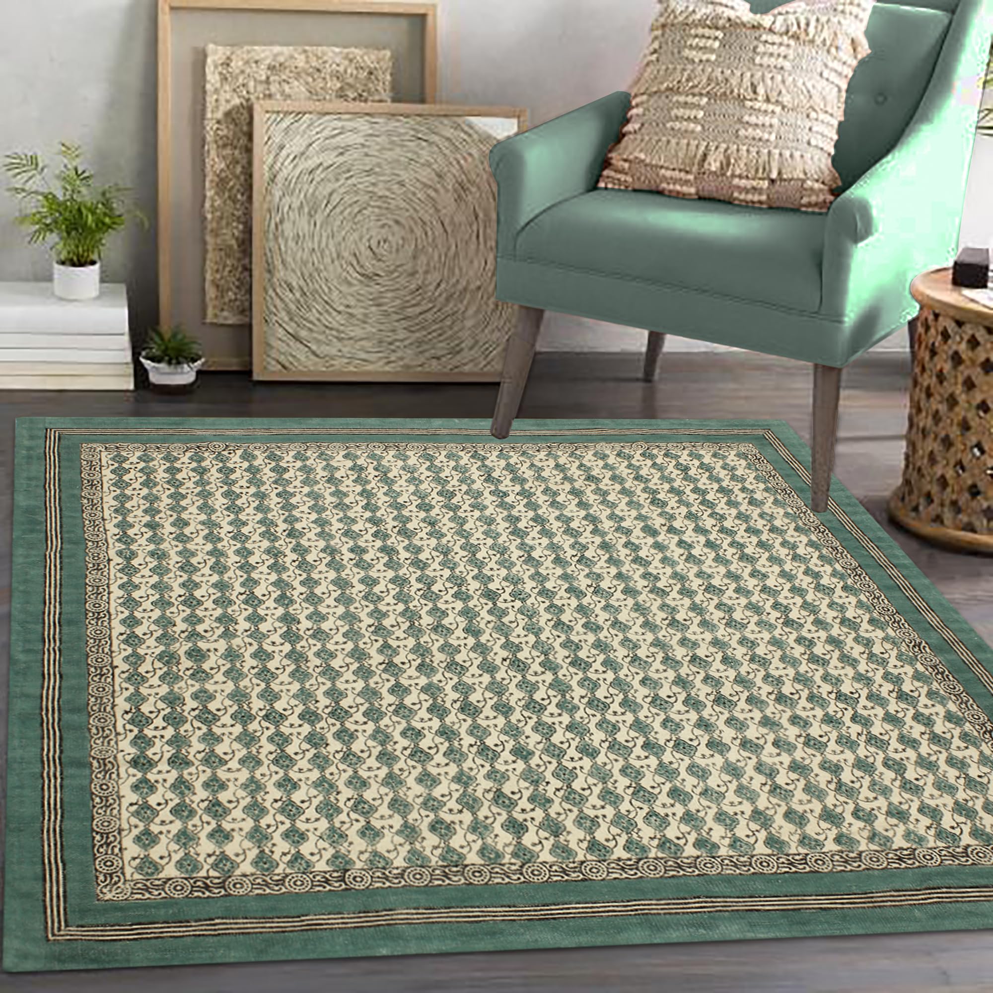 5x8 Ft Turquoise Blue Cotton Dhurrie Floral Kilim Rug - Handmade Flatweave Rectangular Area Rug for Indoor & Outdoor Use - Perfect for High Traffic Areas in Bedroom, Dining Room & Living Room - Boho Chic Home Decor