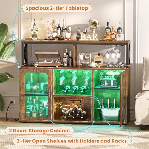 Aheaplus Rustic Brown Bar Cabinet with Power Outlets & LED Lights - Wine & Liquor Storage Cabinet with Glass Holder & Racks - Perfect for Home Bar, Coffee Station & Dining Room Buffet