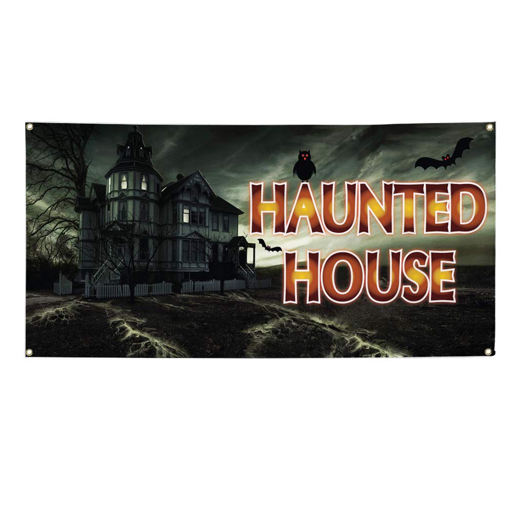 Haunted House Vinyl Banner - Weatherproof Outdoor Business Sign with 10 Grommets (60x144 Inches) - Perfect for Halloween Decorations, Yard Signs & Industrial Advertising