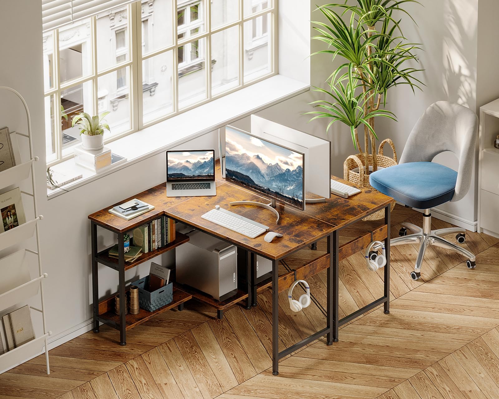 ODK 40 Inch Small L-Shaped Corner Desk with Reversible Storage Shelves & Monitor Stand - Space-Saving Home Office Desk for Small Spaces, Rustic Brown - Perfect for Gaming, Studying & Remote Work