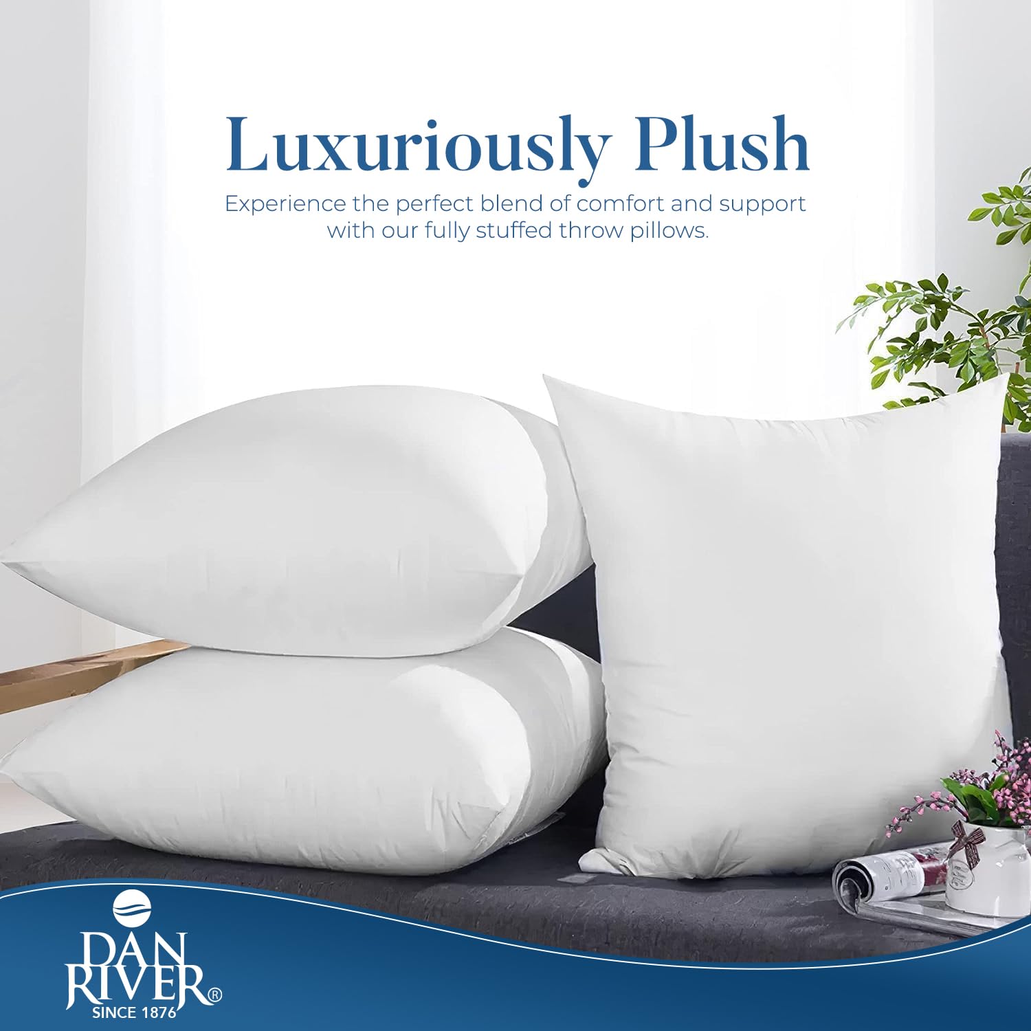 Premium DAN RIVER 18x18 Inch Throw Pillow Set of 2 - Soft White Decorative Couch & Bed Pillows with Removable Insert - Perfect for Living Room, Bedroom & Home Decor