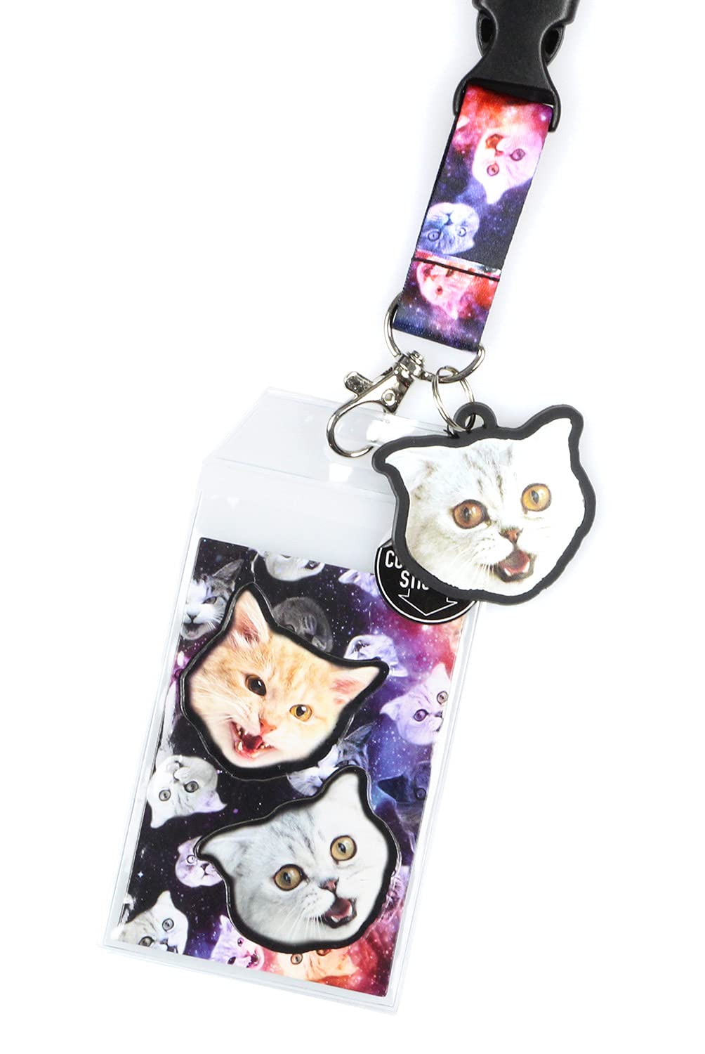 Space Cat Galaxy Breakaway Lanyard with Charm - Clear ID Badge Holder & Keychain for Work, School, Conventions, and Events