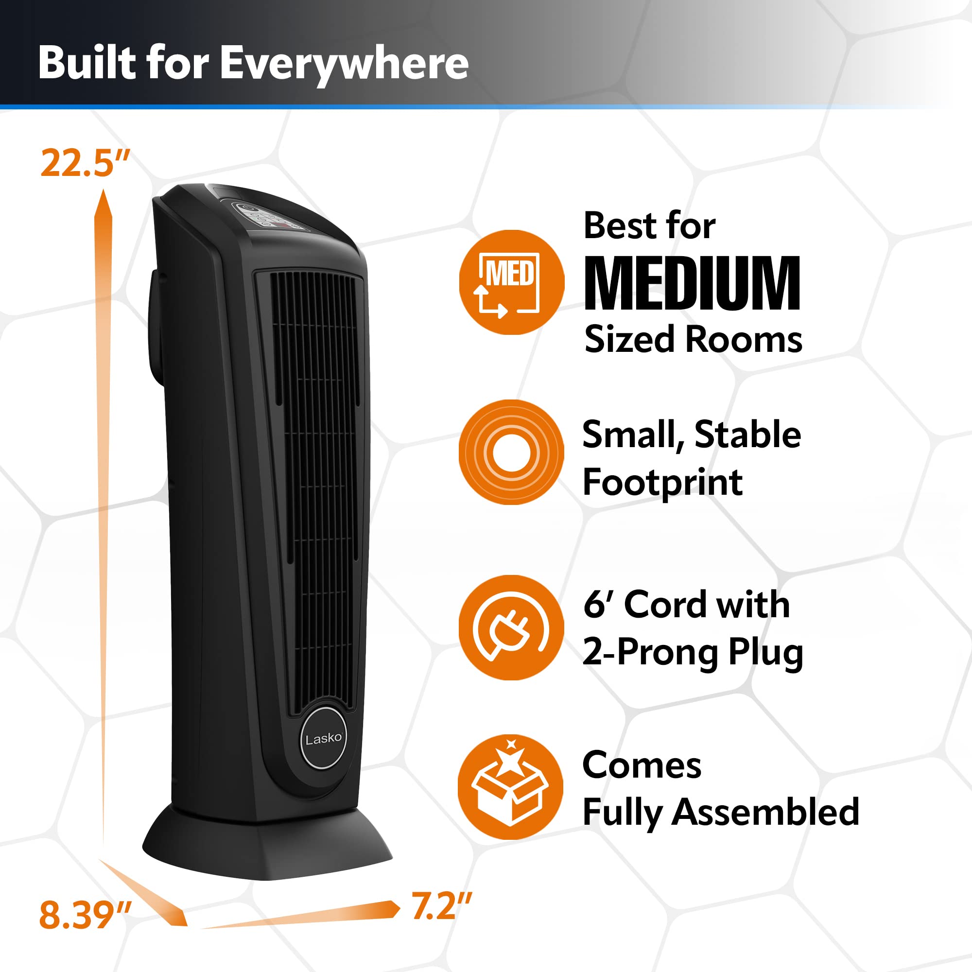 Lasko 1500W Portable Electric Ceramic Tower Heater with Remote Control - 22.5 Inch Indoor Space Heater with Oscillation, Tip-Over & Overheat Protection, 8-Hour Timer - Perfect for Bedroom, Office & Home Use (Model 751321, Black)
