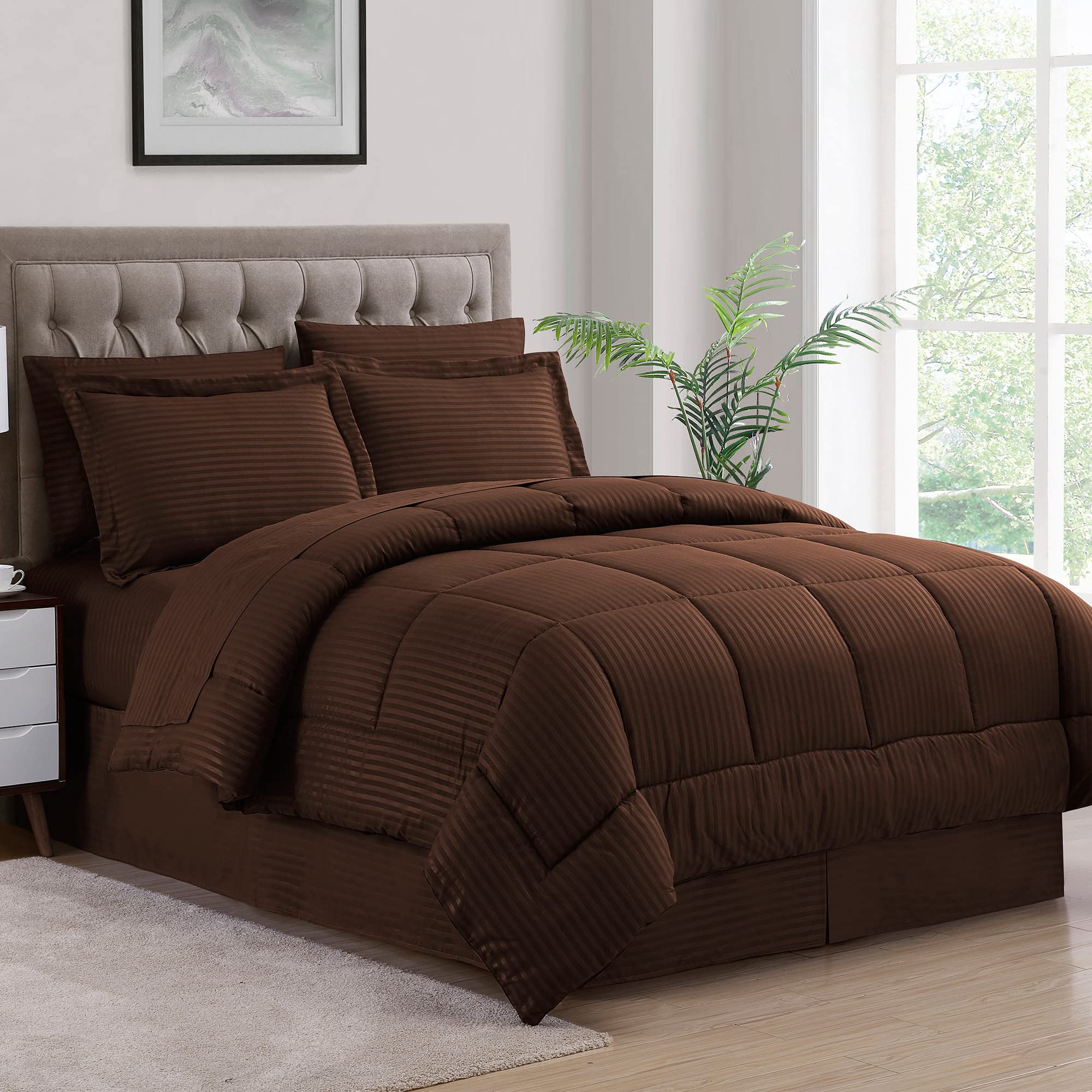8-Piece King Size Comforter Set with Bed Skirt, Fitted Sheet, Flat Sheet & Pillowcases - Dobby Chocolate Luxury Bedding for Master Bedroom & Guest Room