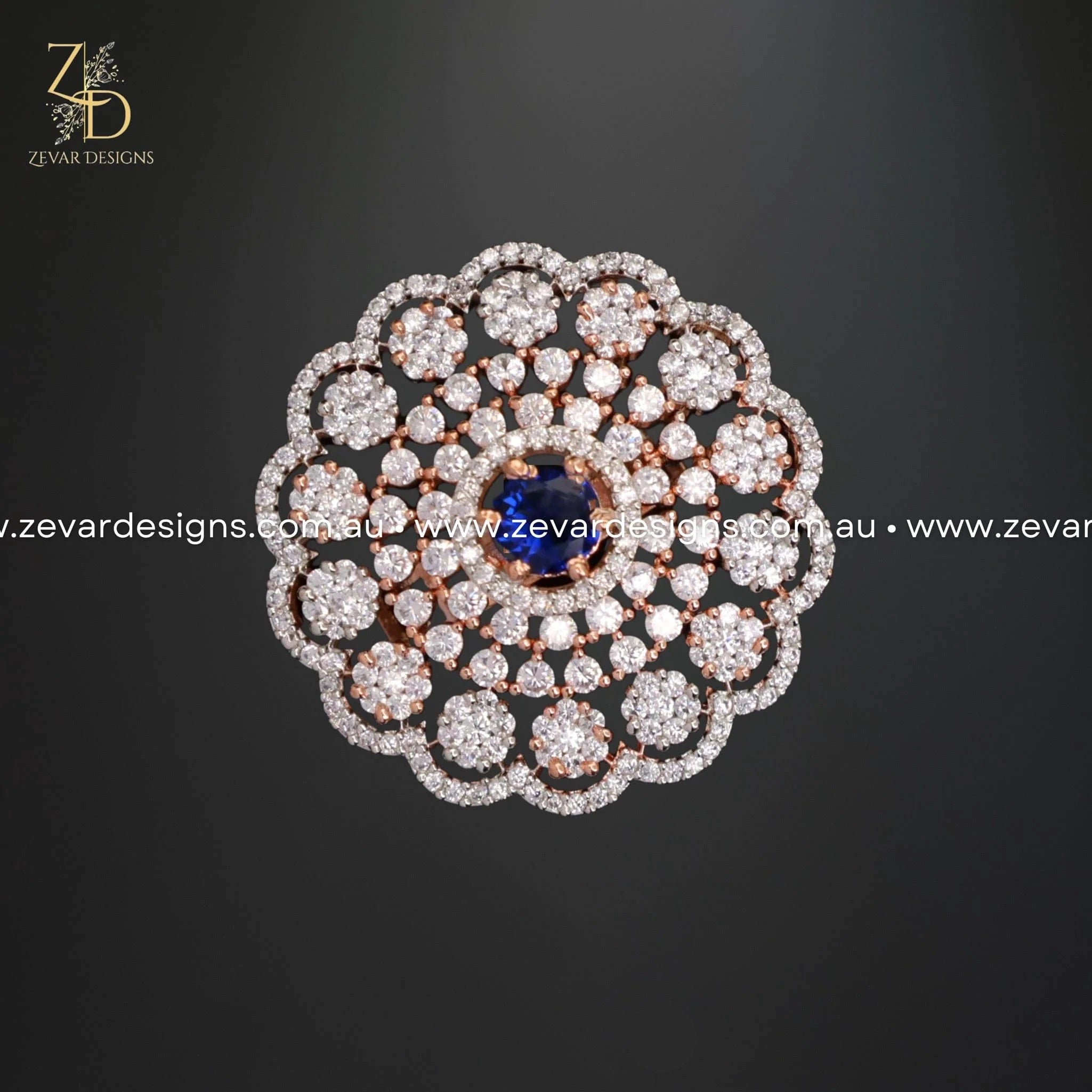 Rose Gold AD/Zircon Ring with Sapphire Blue Stone - Elegant Jewelry for Women, Perfect for Weddings, Anniversaries & Special Occasions