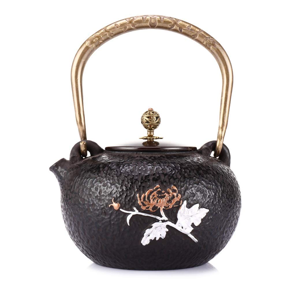 Premium Handmade Cast Iron Teapot with Chrysanthemum Pattern - 1200ml Japanese Tetsubin Tea Kettle with Trivet Stand & Gift Box (Black) - Perfect for Tea Ceremonies, Home Decor & Unique Gifts
