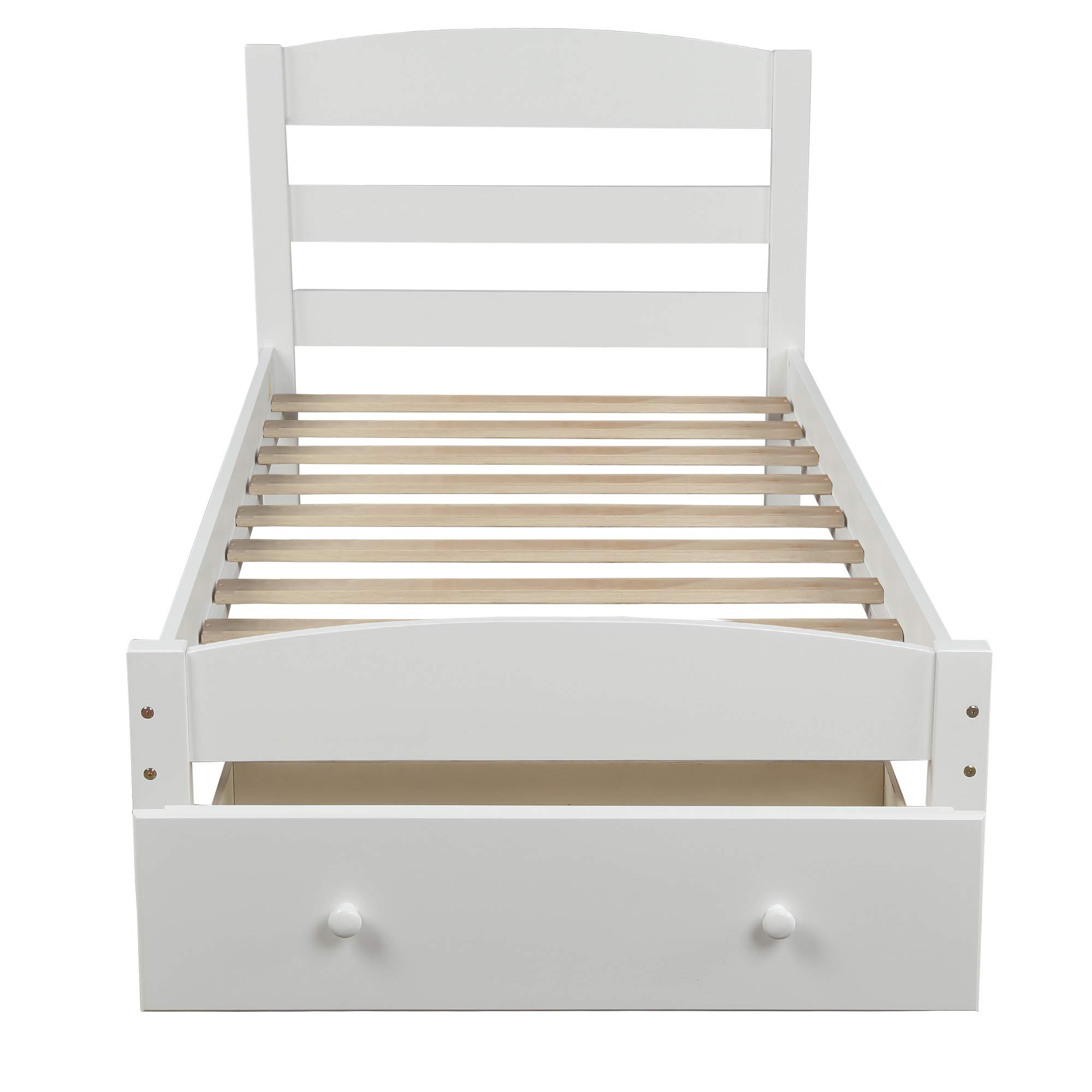 Solid Wood Twin Bed Frame with Storage Drawer & Headboard - Sturdy Slat Support, No Box Spring Needed - Perfect for Kids, Teens & Adults Bedrooms - White Modern Platform Bed for Home, Dorm or Guest Room