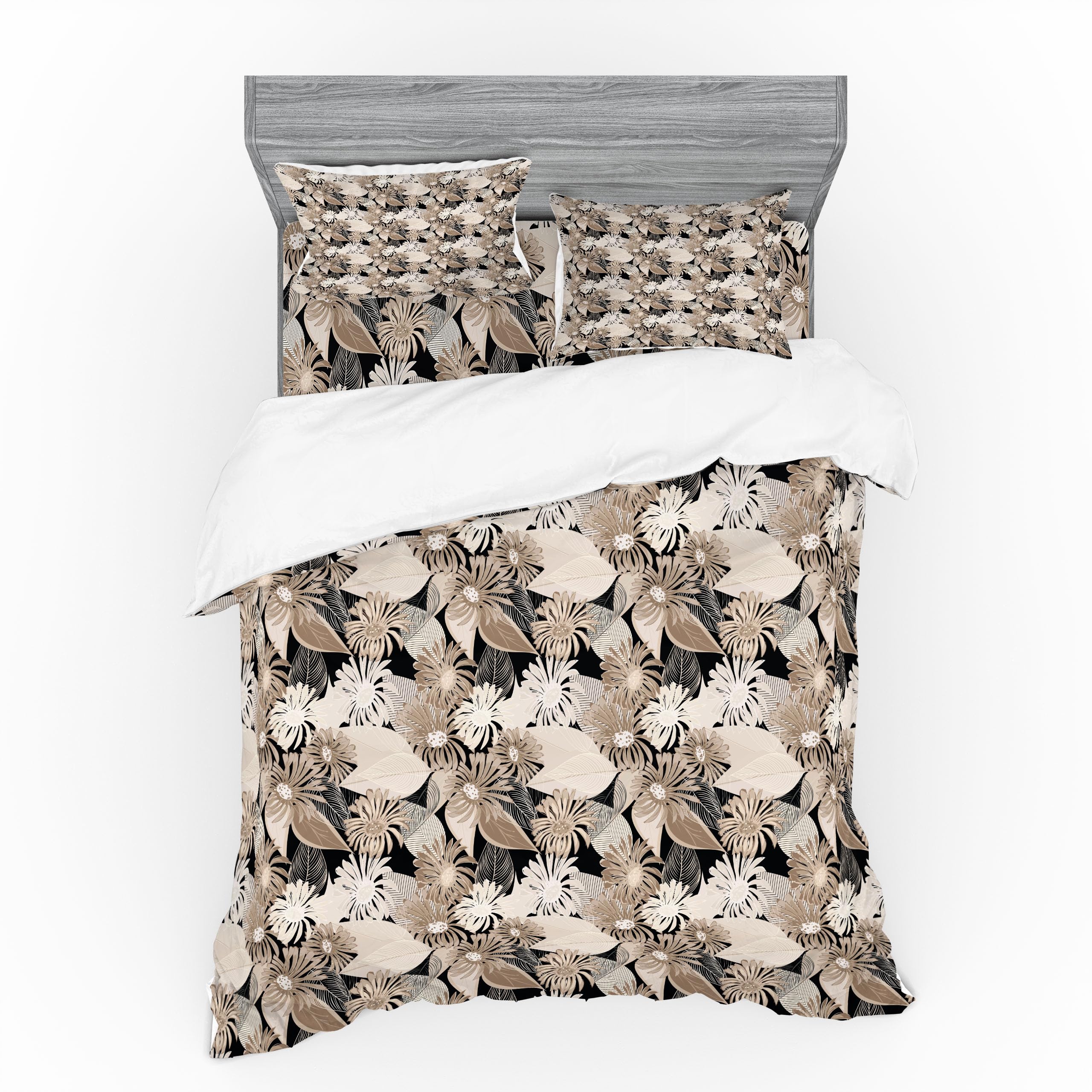 Ambesonne Floral Duvet Cover Set - Vintage Botanical Print with Soft Faded Leaves in Tan & Black | 4-Piece Queen Size Bedding Set with Shams & Fitted Sheet | Perfect for Boho Chic Bedrooms & Cozy Home Decor