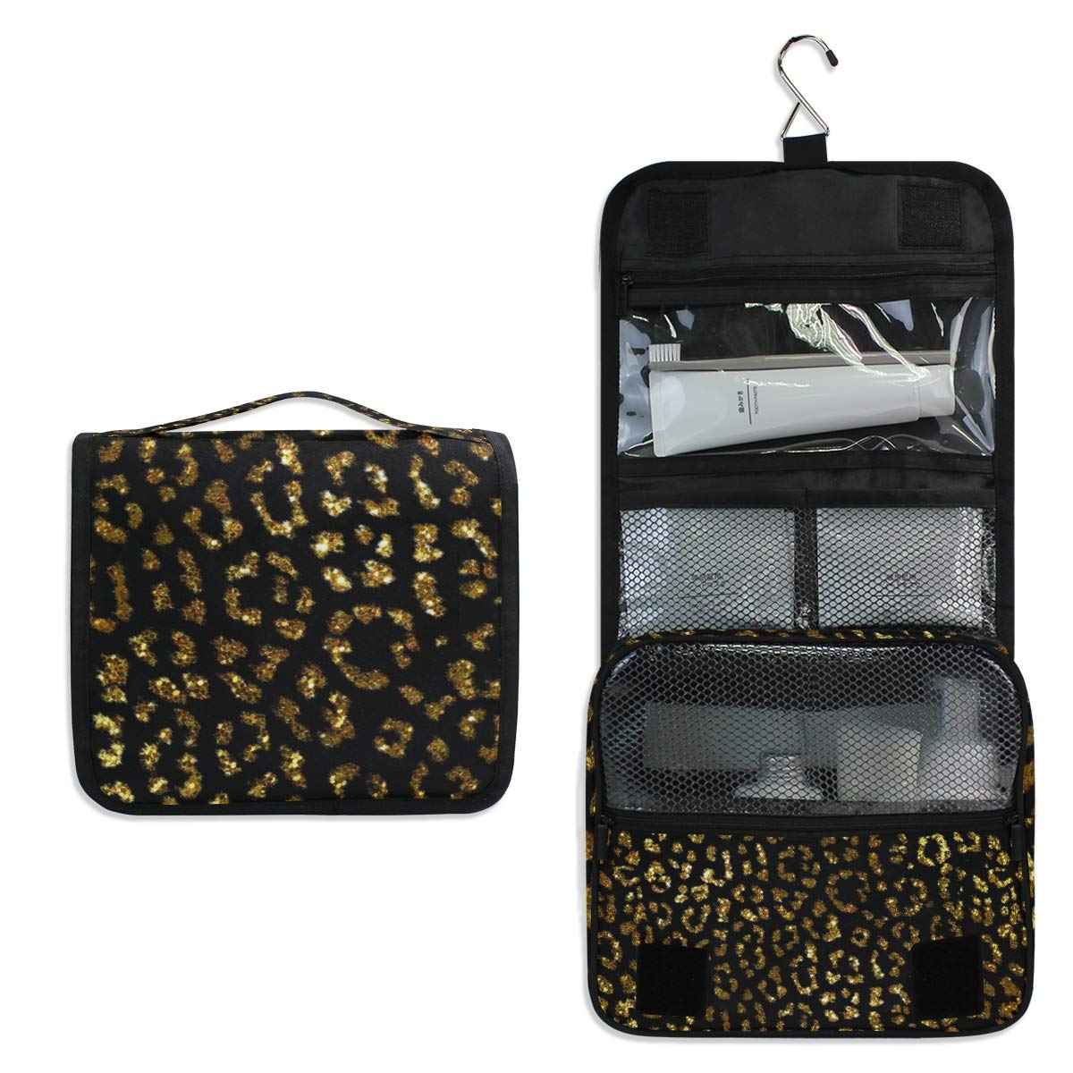 ALAZA Gold Leopard Print Hanging Toiletry Bag - Waterproof Travel Cosmetic Organizer with Hook for Makeup, Skincare & Shampoo | Perfect for Vacation, Gym & Business Trips