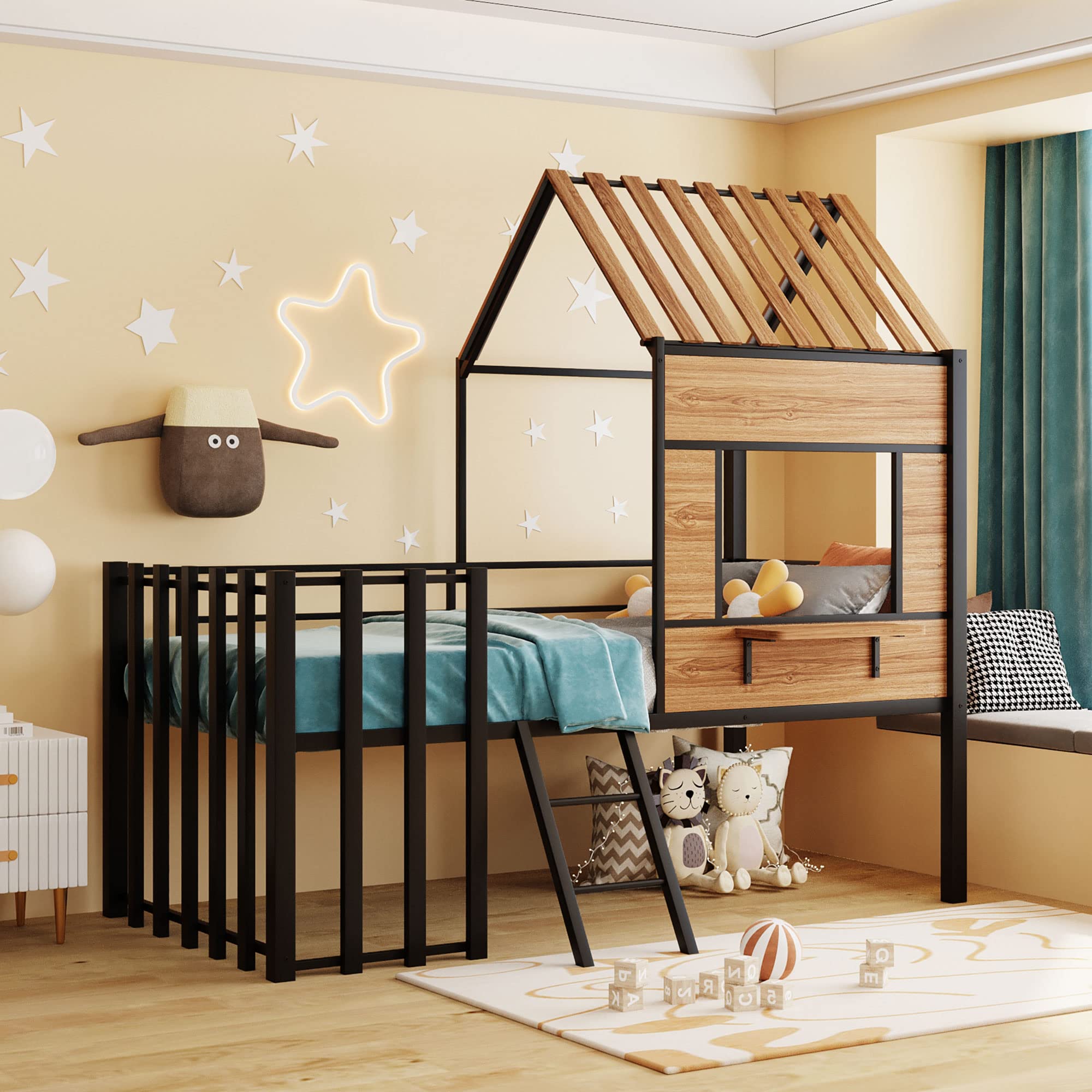 Twin Size Metal Loft Tent Bed Frame with Roof, Window & Guardrail - Kids Playhouse Bed with Ladder & Safety Fence - Nursery Furniture for Boys & Girls - Perfect for Bedrooms, Playrooms & Indoor Adventures (Black)