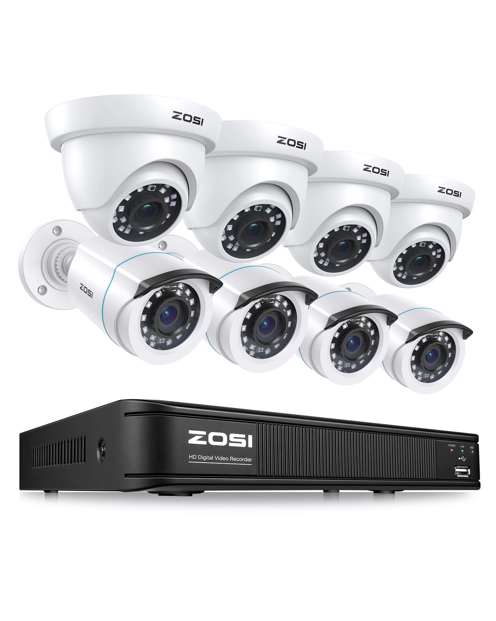 ZOSI H.265+ 5MP 8CH Security Camera System with 8 Weatherproof 1080p Bullet & Dome Cameras - Indoor/Outdoor Surveillance, Night Vision, Motion Detection, Remote Access (No HDD) - Ideal for Home, Business & Property Protection