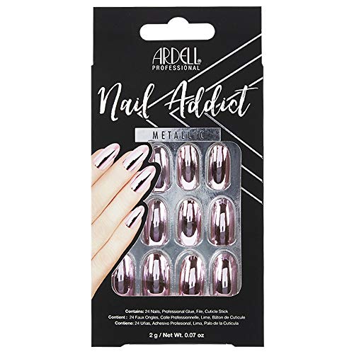 Ardell Nail Addict Artificial Nail Set - Metallic Pink Press On Nails for Women | Easy to Apply, Reusable Fake Nails with Strong Adhesive | Perfect for Parties, Weddings & Special Occasions