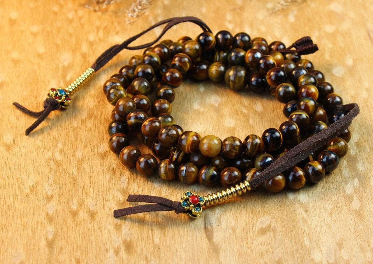 Authentic Tiger Eye Mala Beads with Jeweled Counters - Meditation Prayer Necklace for Stress Relief & Spiritual Healing | Yoga, Mindfulness & Chakra Balancing Accessory