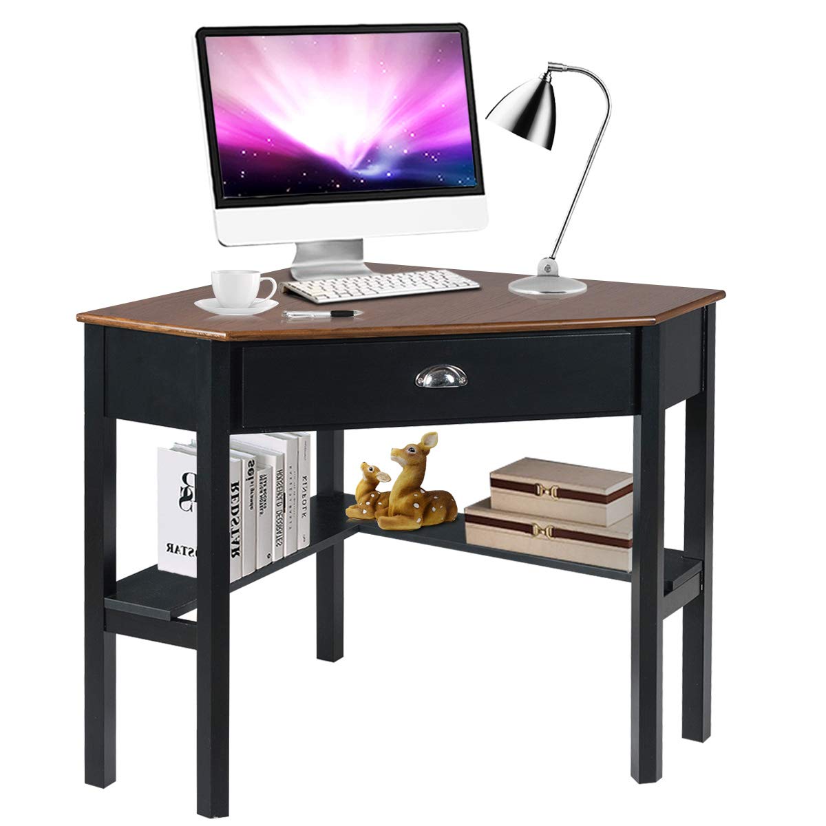Tangkula 90-Degree Corner Desk with Drawer & Storage Shelves - Compact Computer Desk for Small Spaces, Home Office & Makeup Vanity (Coffee & Black) - Perfect for Apartments, Dorms & Workspaces
