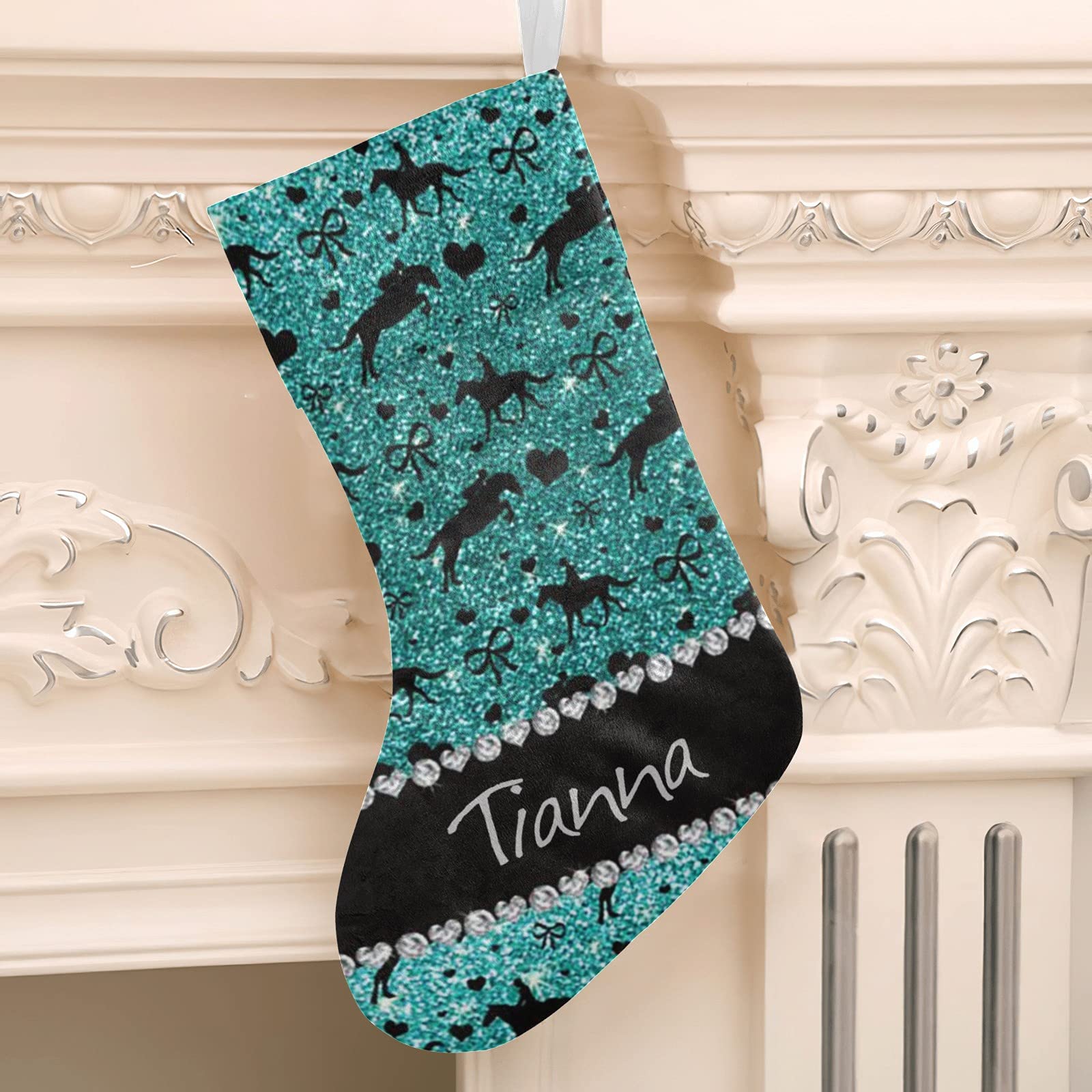 Custom Personalized Robin Egg Blue Equestrian Heart Bows Christmas Stocking - 17.52 x 7.87 Inch Horse Lover Holiday Decor for Fireplace, Xmas Tree & Party Decoration | Perfect Gift for Equestrian Enthusiasts