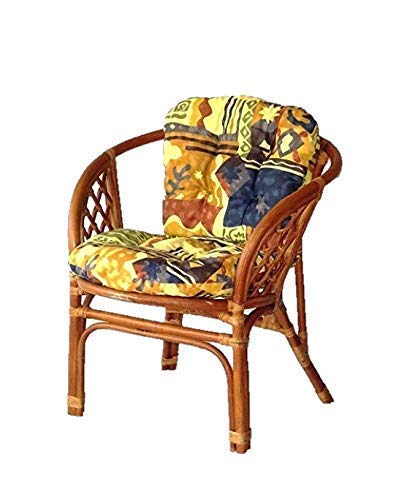 Natural Rattan Wicker Bahama Armchair Set with Cushion & Round Coffee Table - Tropical Style Lounge Furniture for Patio, Porch, Beach House & Garden Decor