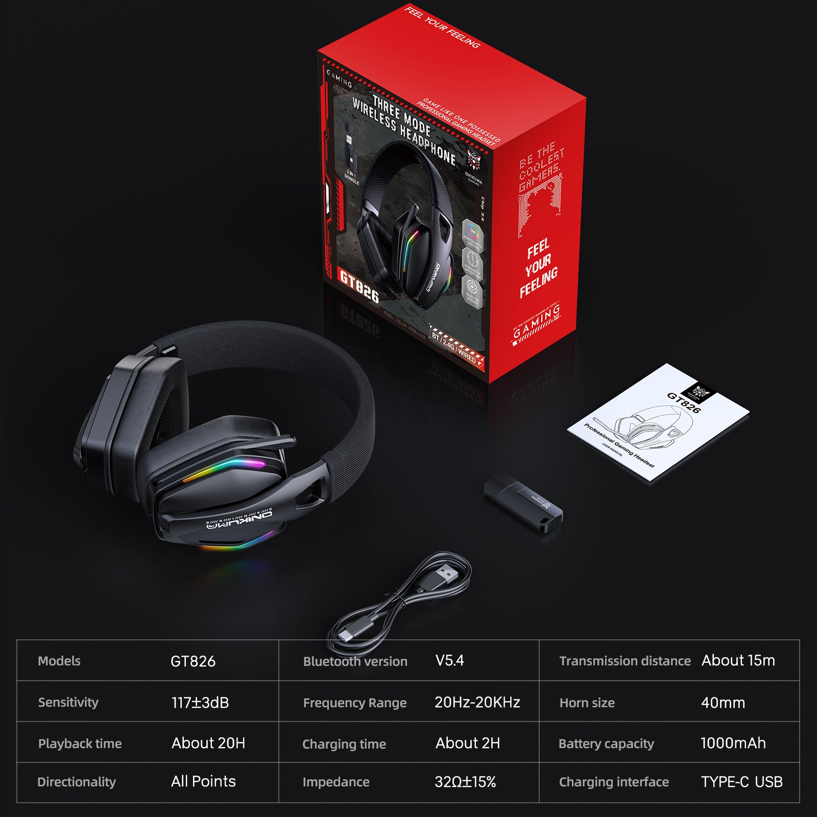 ONIKUMA GT826 Gaming Headset with Microphone - 2.4GHz Wireless/Bluetooth/Wired 3 Modes - Lightweight Over-Ear Headphones for PC, PS5, Xbox, Mobile Gaming & Online Meetings