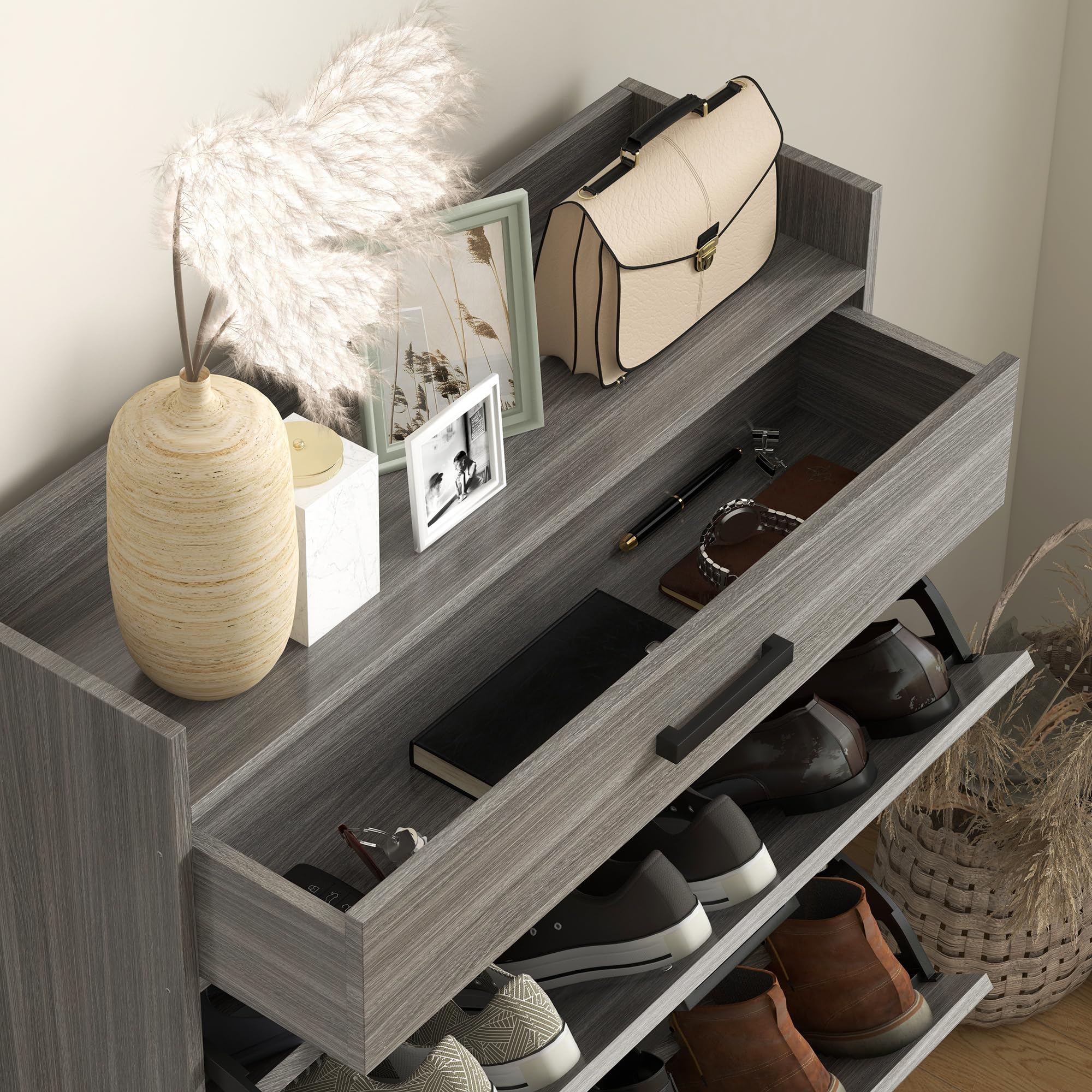 HOMCOM 12-Pair Narrow Shoe Storage Cabinet with Adjustable Shelves & 2 Flip Drawers - Farmhouse Entryway Shoe Organizer with Top Drawer, Distressed Gray for Hallway, Closet & Mudroom Organization