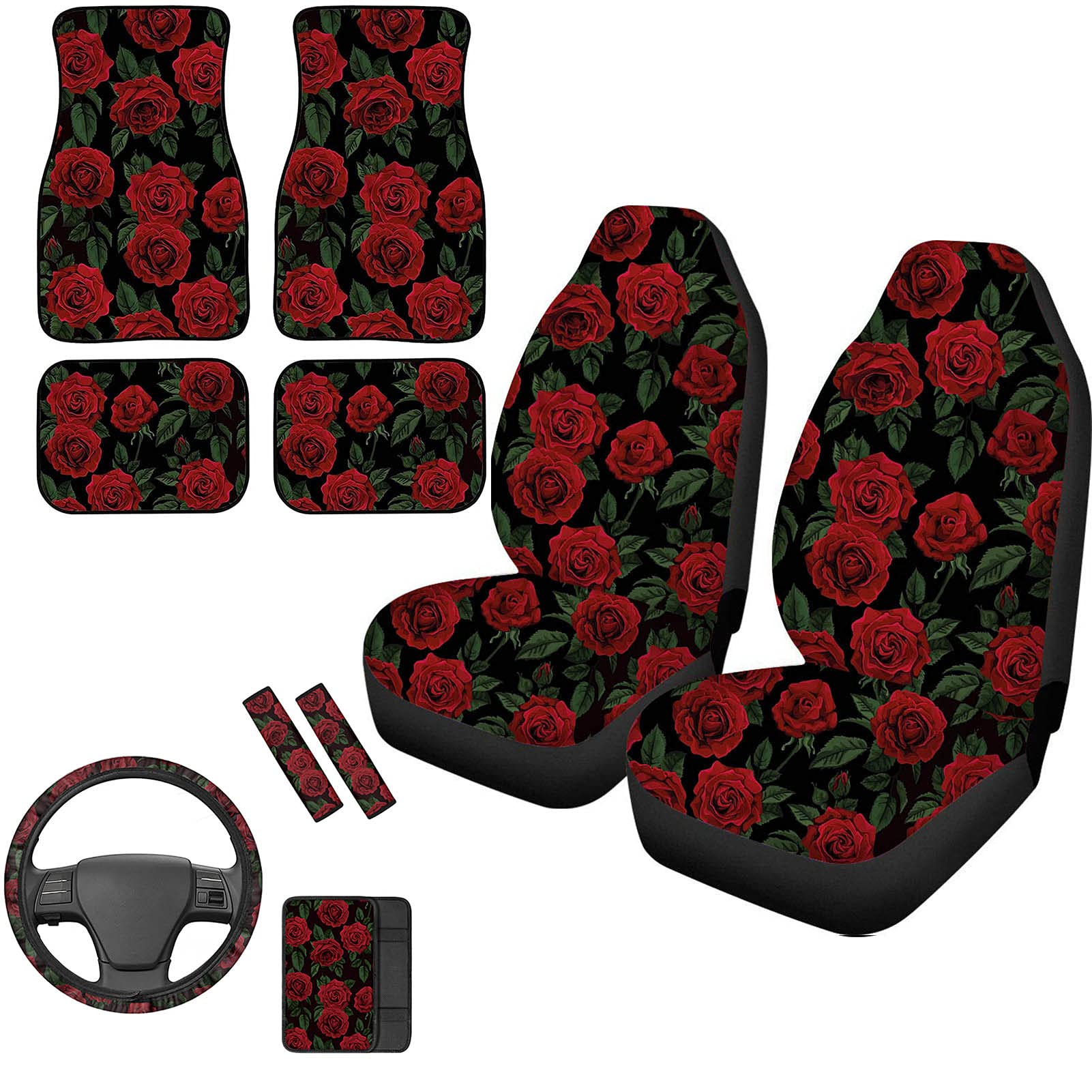 Elegant Red Roses Print Car Seat Covers Set for Women - 10-Piece Full Set Includes Steering Wheel Cover, Armrest Cover, Seat Belt Covers & Floor Mats | Perfect for Sedans, SUVs & Daily Commuting