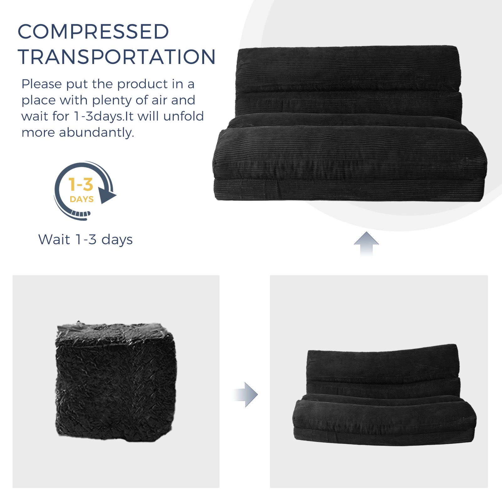 MAXYOYO Extra Wide Corduroy Bean Bag Folding Sofa Bed - Convertible Floor Mattress for Living Room, Bedroom & Guest Room (Black)