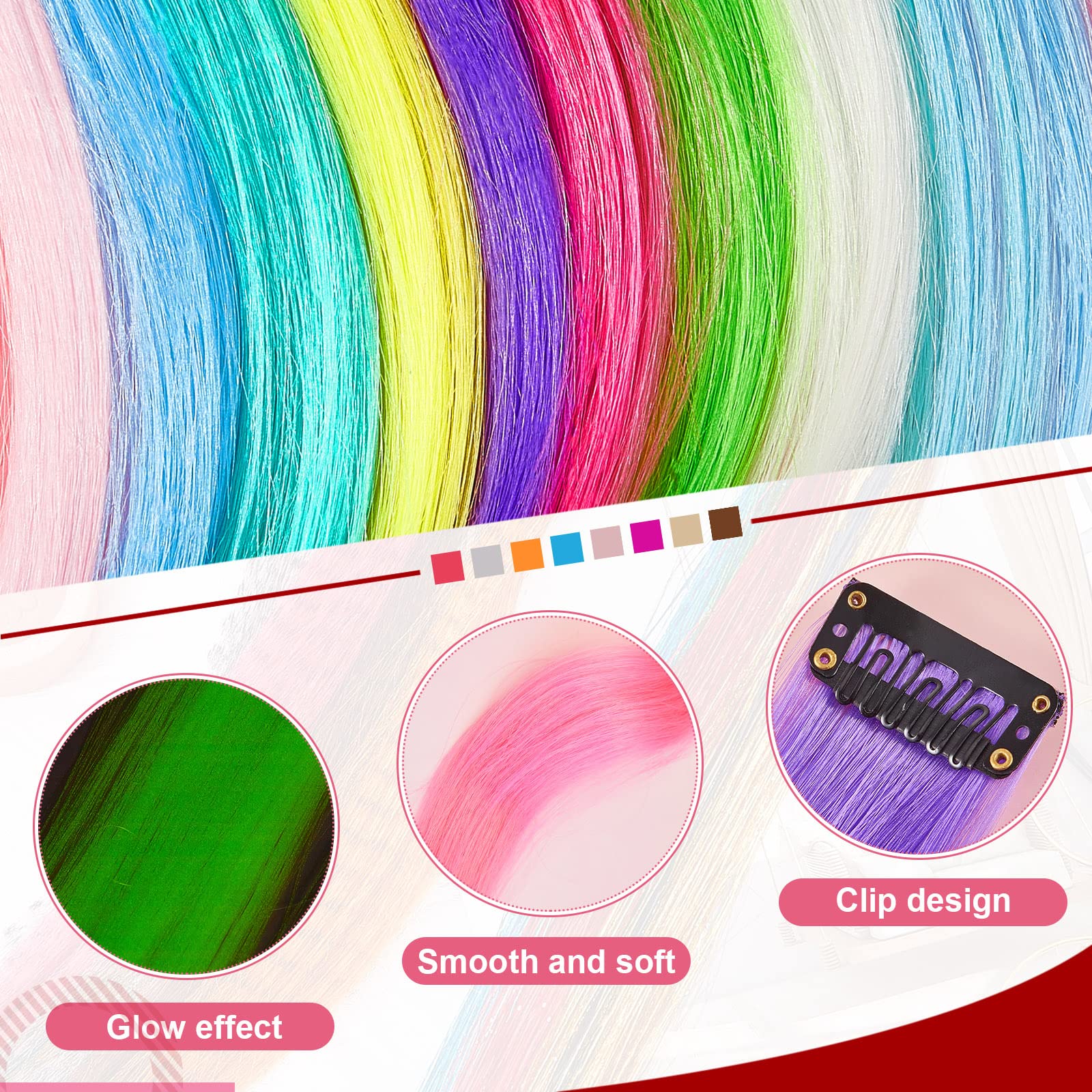 20 Pcs Glow in the Dark Hair Extensions - Luminous Synthetic Hair Clips for Women & Kids - 10 Vibrant Neon Colors (Curly Style) - Perfect for Parties, Raves, Halloween & DIY Hairstyles