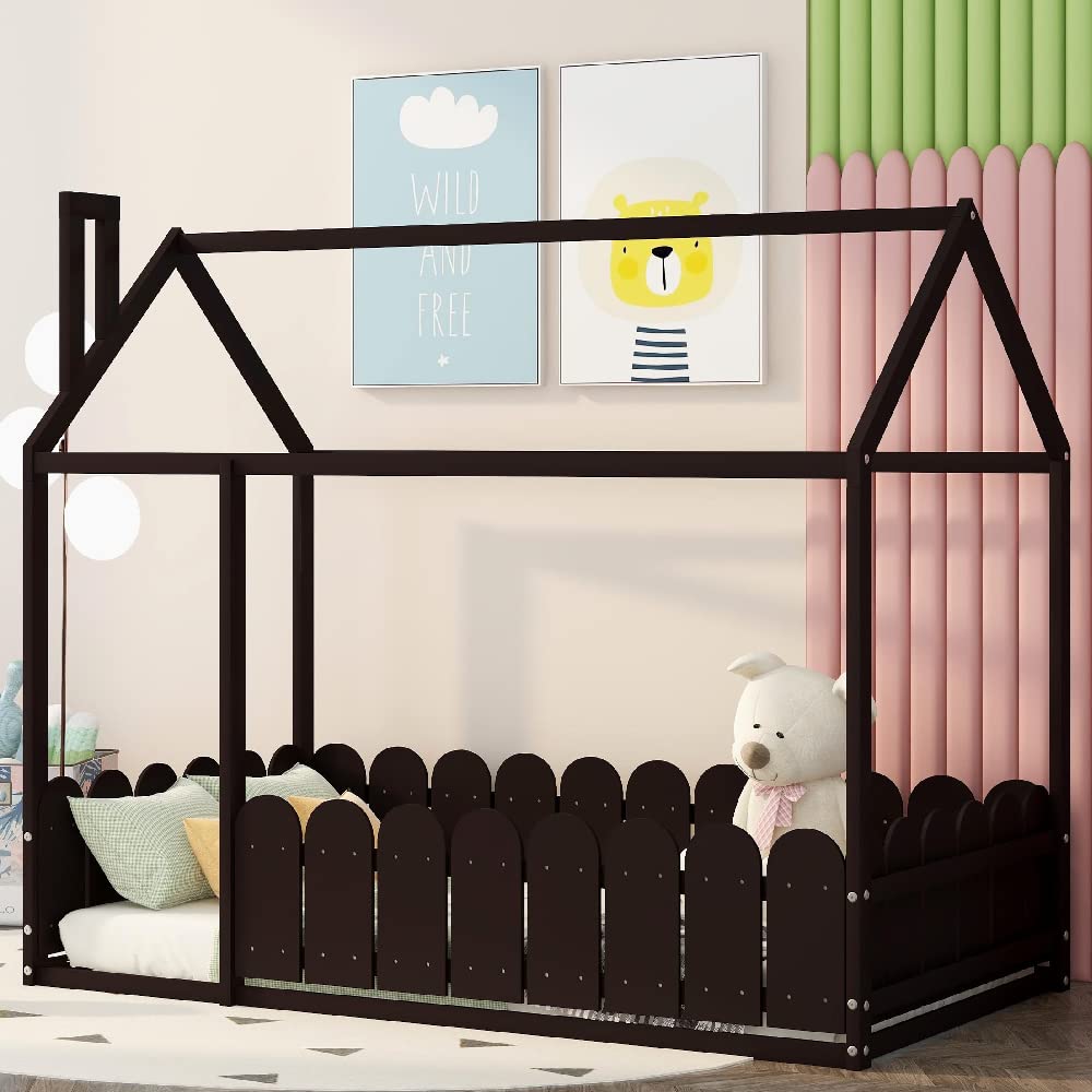 MERITLINE Wooden Twin House Bed for Kids & Teens - Montessori Cabin Bed with Roof & Fence - Toddler Floor Bed in Espresso - Perfect for Bedrooms, Playrooms & Montessori Learning Spaces