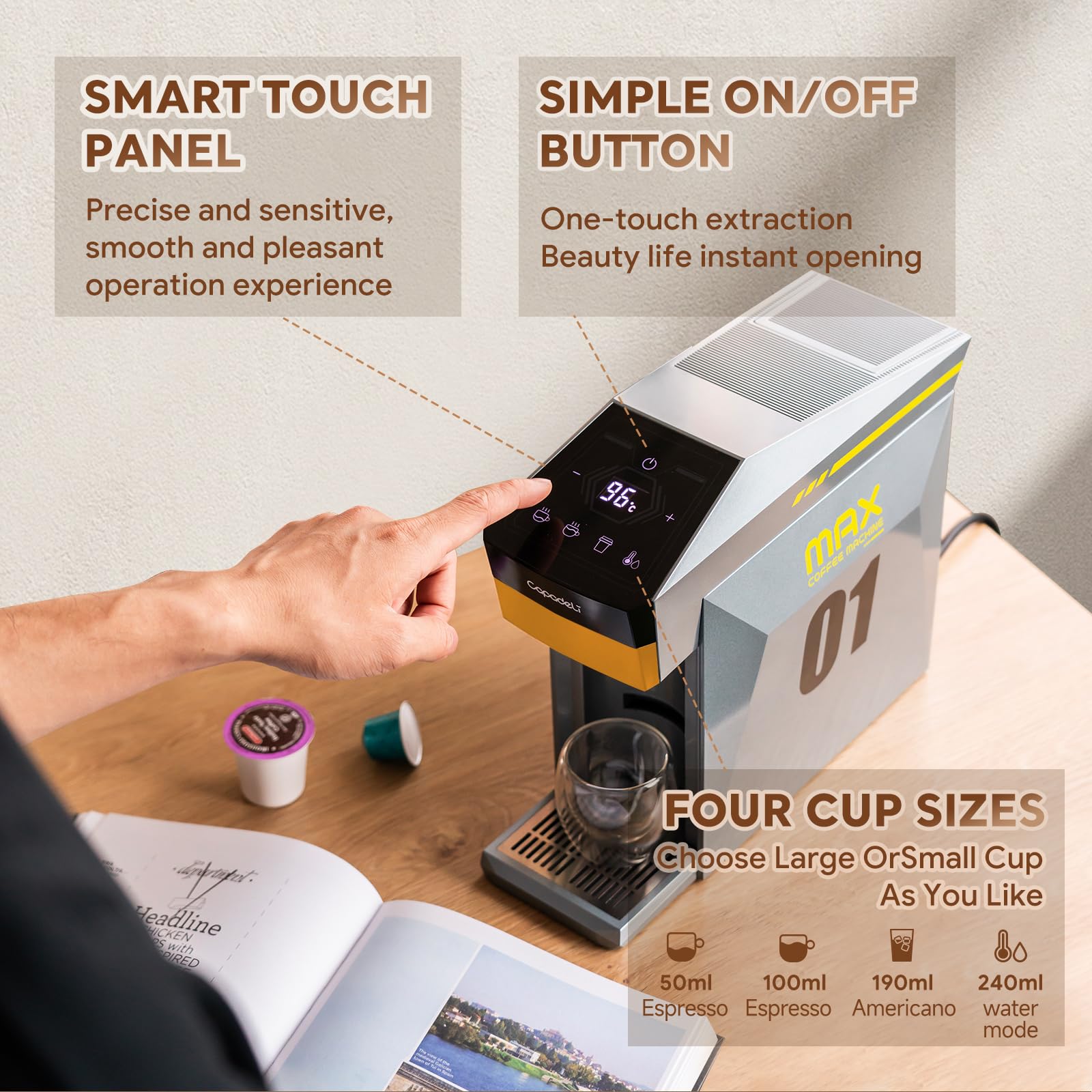 4-in-1 Single Serve Coffee Maker - Mini Espresso Machine Compatible with Nespresso Original/K-Cups/Dolce Gusto/Ground Coffee - 19 Bar Pressure for Rich Brew - Perfect for Home & Office Use (Grey) - Enjoy Cafe-Quality Coffee Anytime at Home or Work
